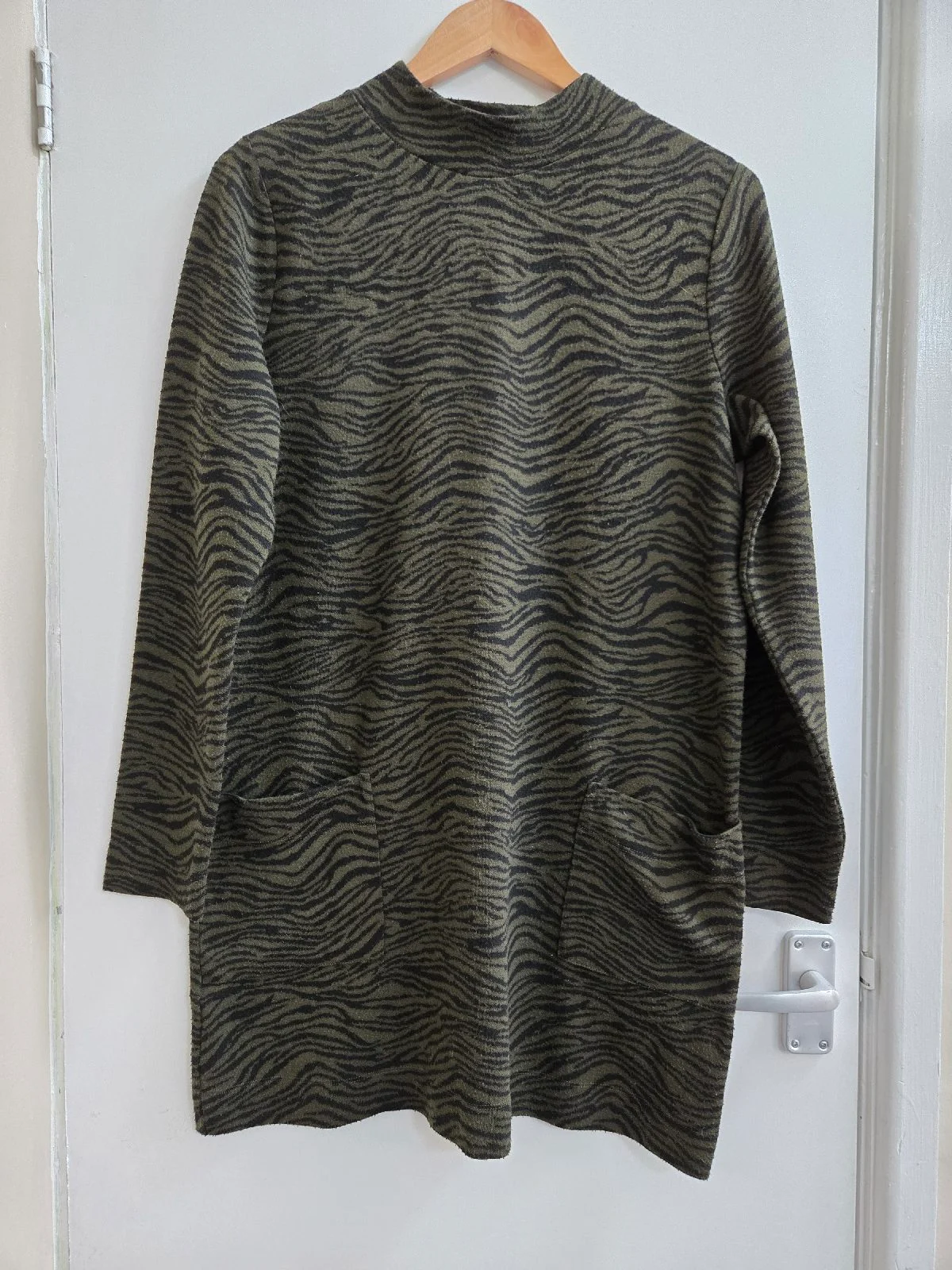 M&S Collection Khaki Green Zebra Print Jumper Dress with Pockets - Size 14