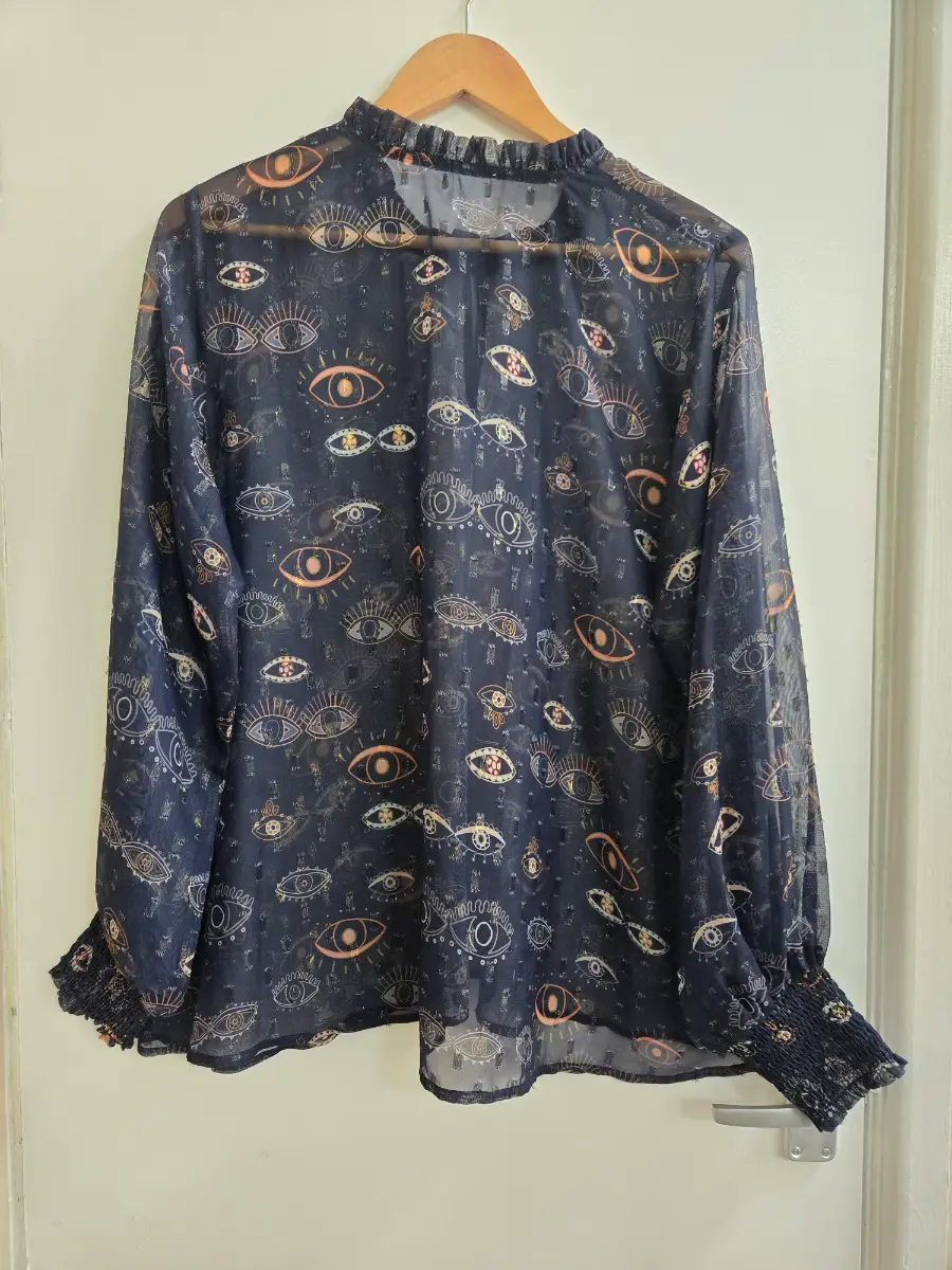 Never Fully Dressed Metallic Iris Sheer Navy Blue Evil Eye Blouse - Large 14