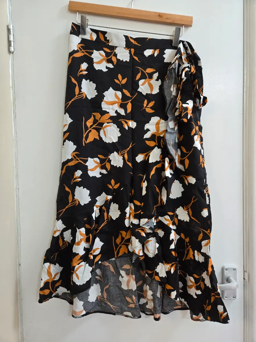 Bnwt George Black Orange Floral Ruffle Faux Wrap Midi Summer Cottagecore skirt - Size 12