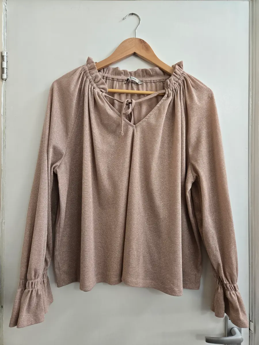 Tu Rose Gold Champagne Shimmer Tie Neck Coquette Blouse - Size 14