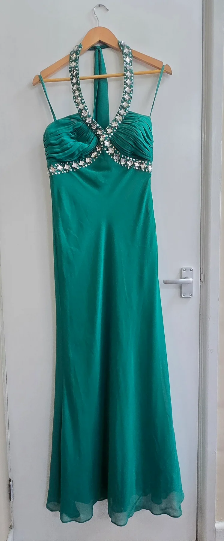 Debut by Debenhams Vintage Y2k Emerald Green Halterneck Crystal Ocassion Formal Maxi Dress - Size 8