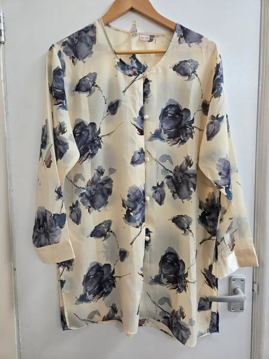 Vintage Ballet Cream & Blue Watercolour Longline Cottagecore Shirt Blouse - Size 14