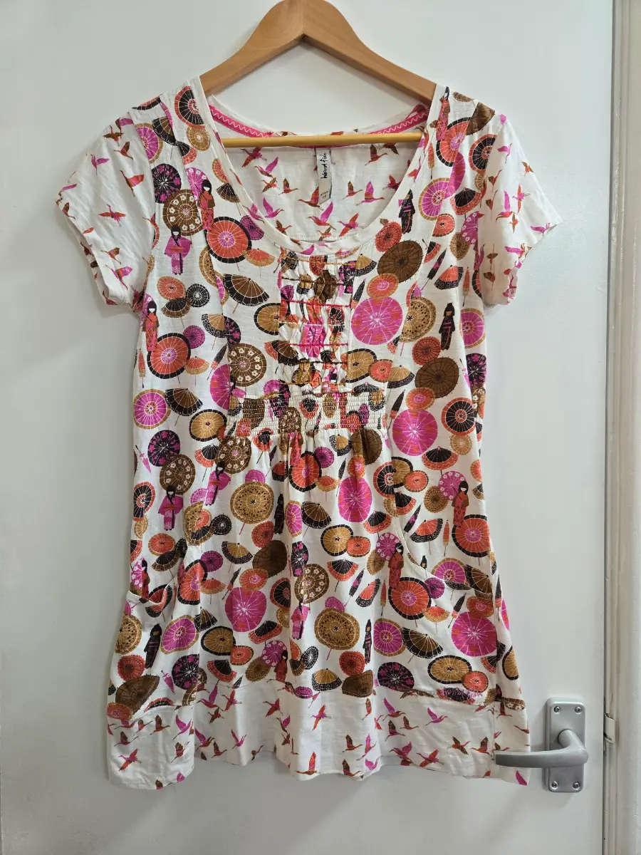 Weird fish Japanese print Empire waist 100% cotton folkcore Tunic top - Size 10
