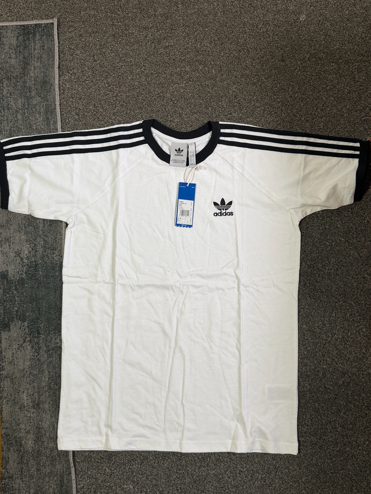 Adidas Originals White T-Shirt with Black Three Stripes and Trefoil Logo, Size L.