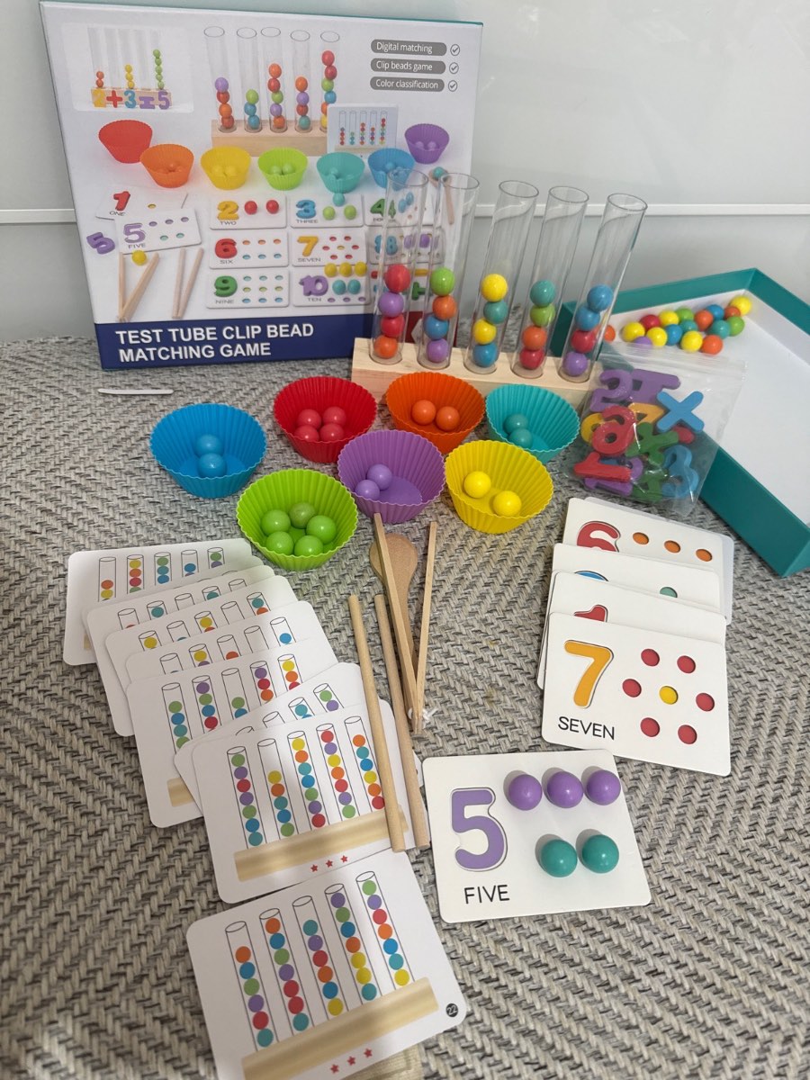 Wooden beads colour matching game, colour sorting game, number matching, five tubes set