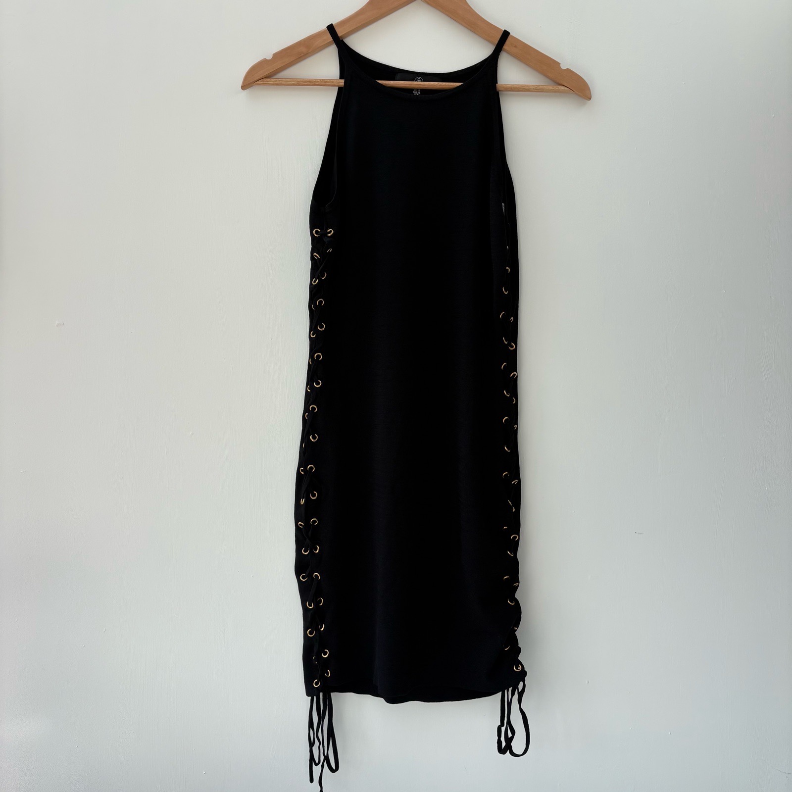 Misguided Black Lace Up Side Detail fitted Bodycon Mini Dress Size 10 straps little black dress