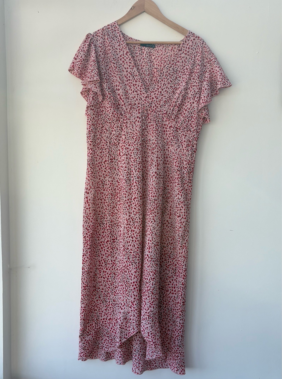 QUIZ light Pink red Speckled Spot polka dot Flutter Sleeve V-Neck long tea Dress Size 18 flowy