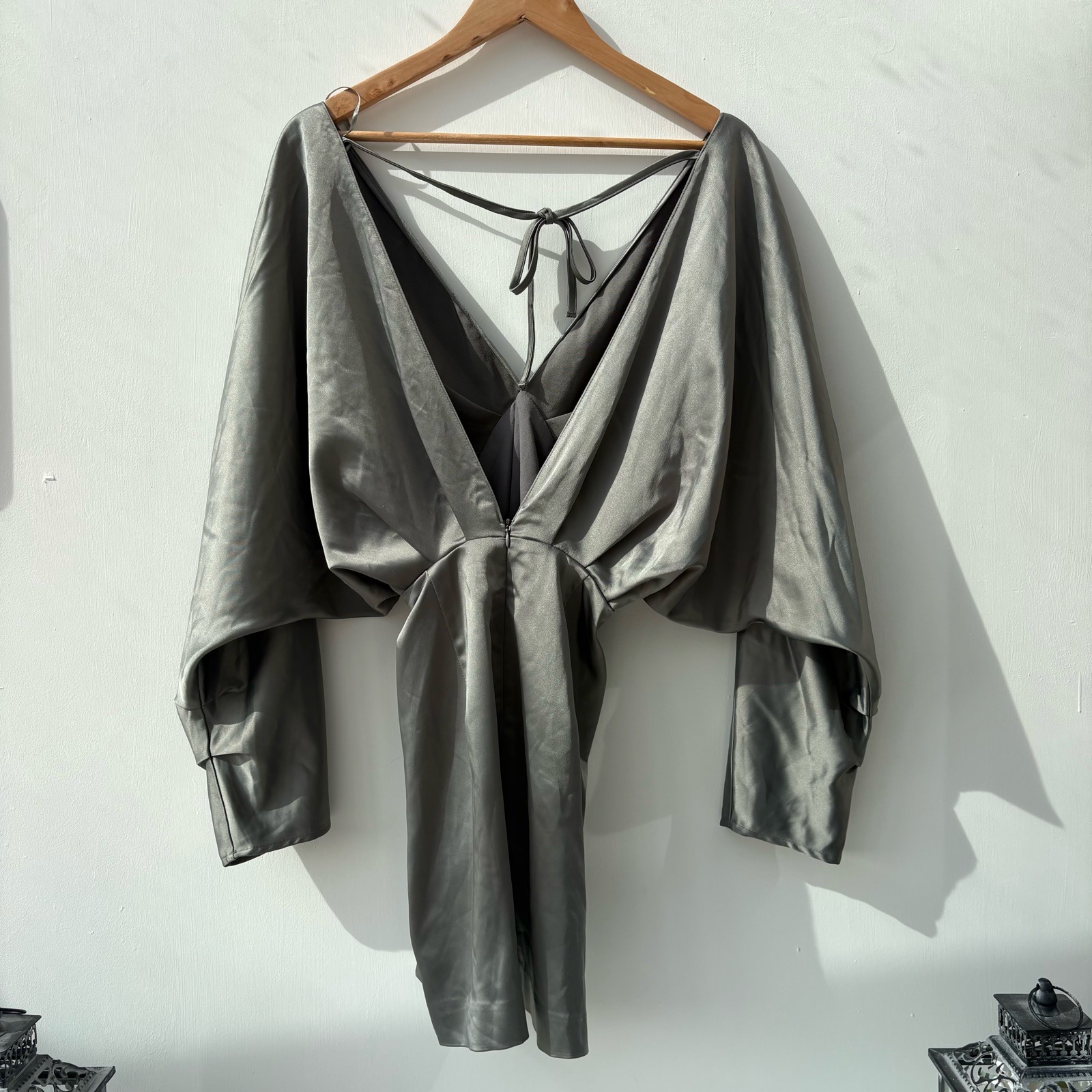 Zara size 10 Grey Satin Mini Dress with Balloon Sleeves Plunge Neck Party Dress open back