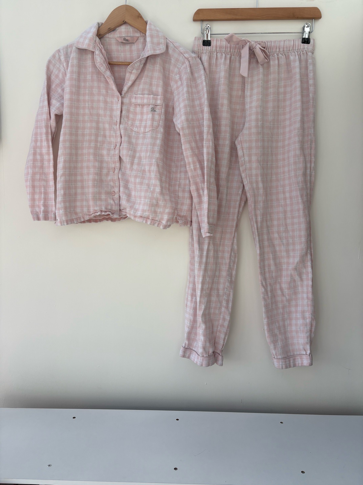 Boux Avenue Pink & White Cotton Gingham Pyjama Set Size 8 Cosy Autumn Winter