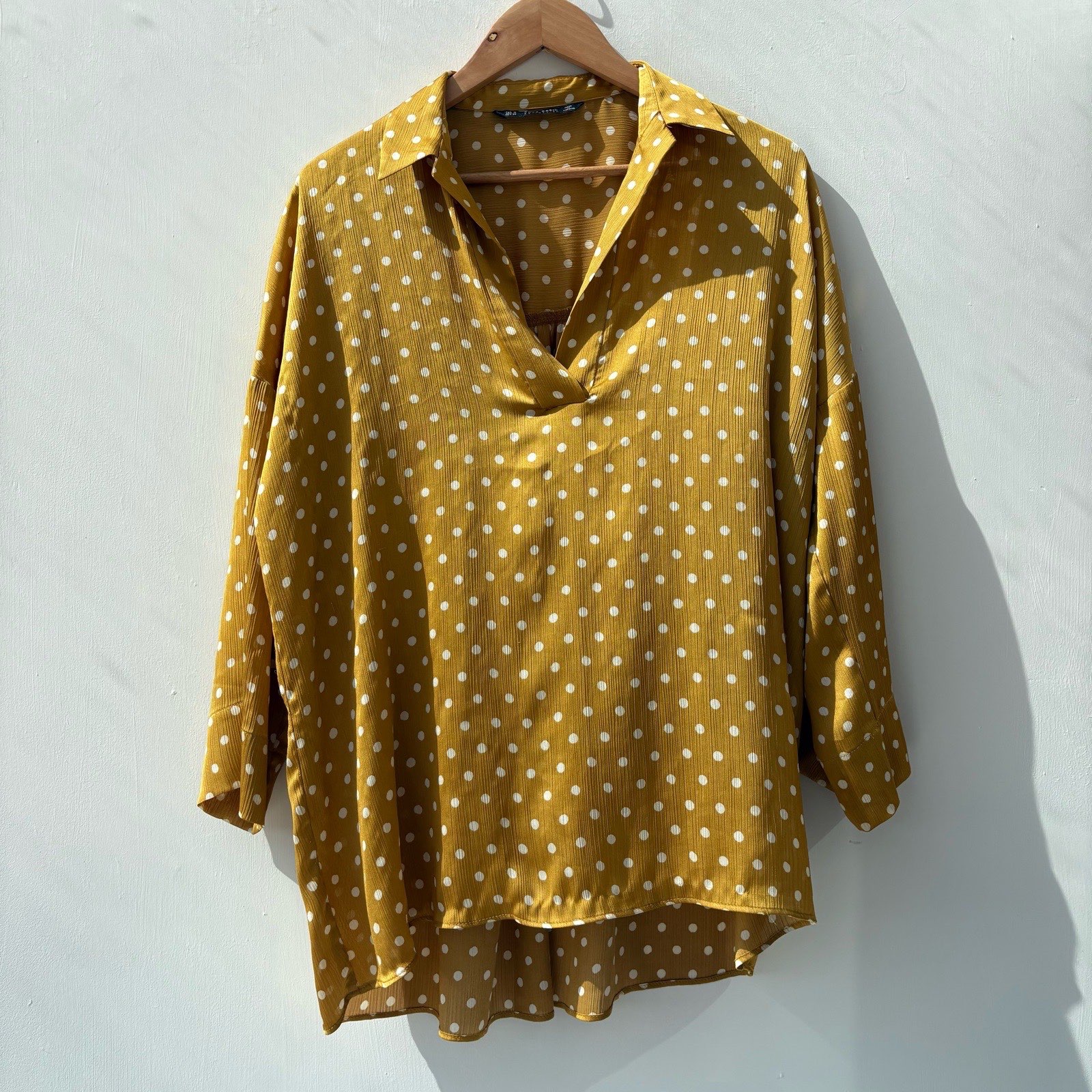 Zara Mustard Yellow Polka Dot oversized v neck collar Blouse Long Sleeve Size 12-14