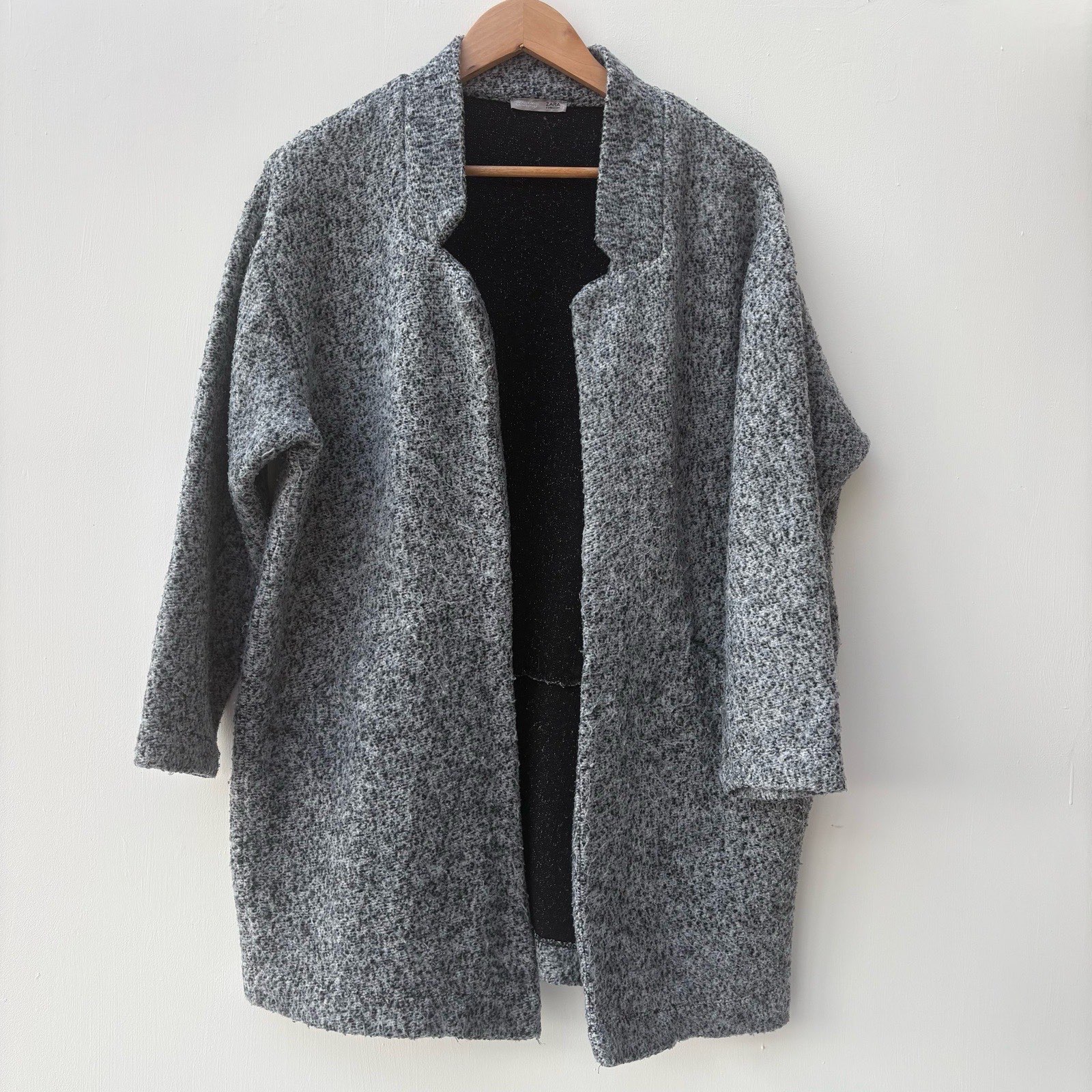 Zara Size 16-18 Grey Bouclé Knit Open Front Cardigan Coatigan Oversized Jacket winter autumn wear