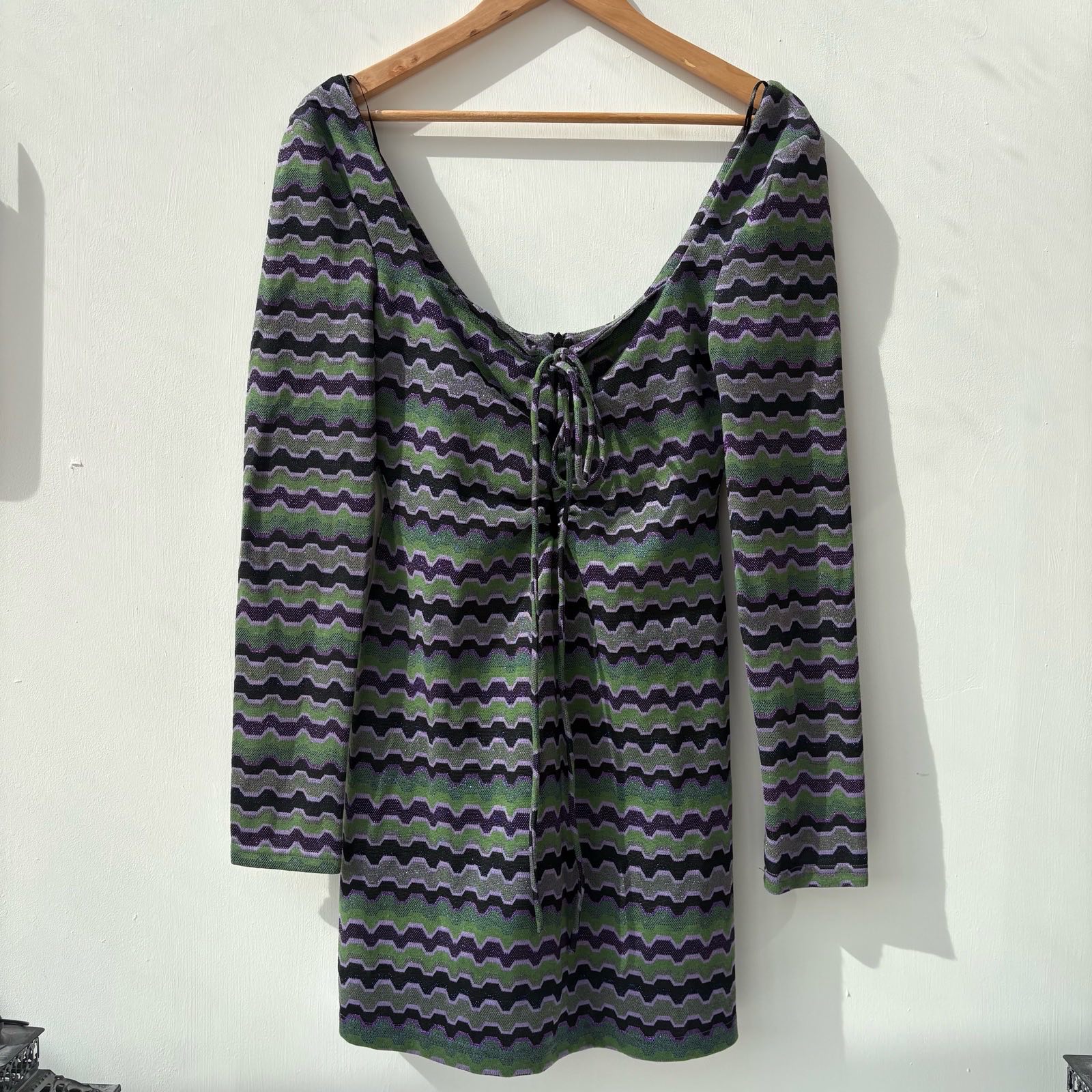 Boho Green & Purple Glitter Shimmer Zigzag Knit Mini Dress UK10 Long Sleeve Tie Front summer holiday