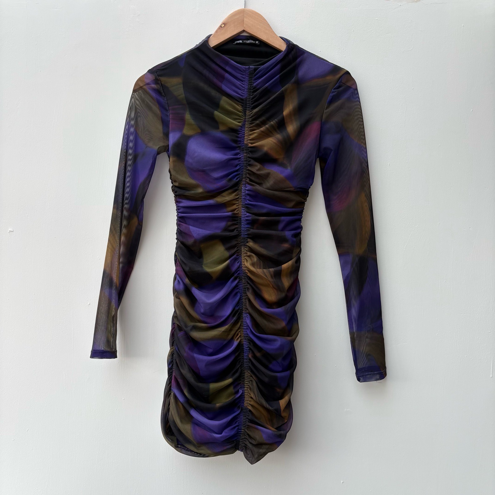 Zara Mesh Ruched Bodycon Mini Dress Purple Abstract Print UK 8 Party long sleeve summer