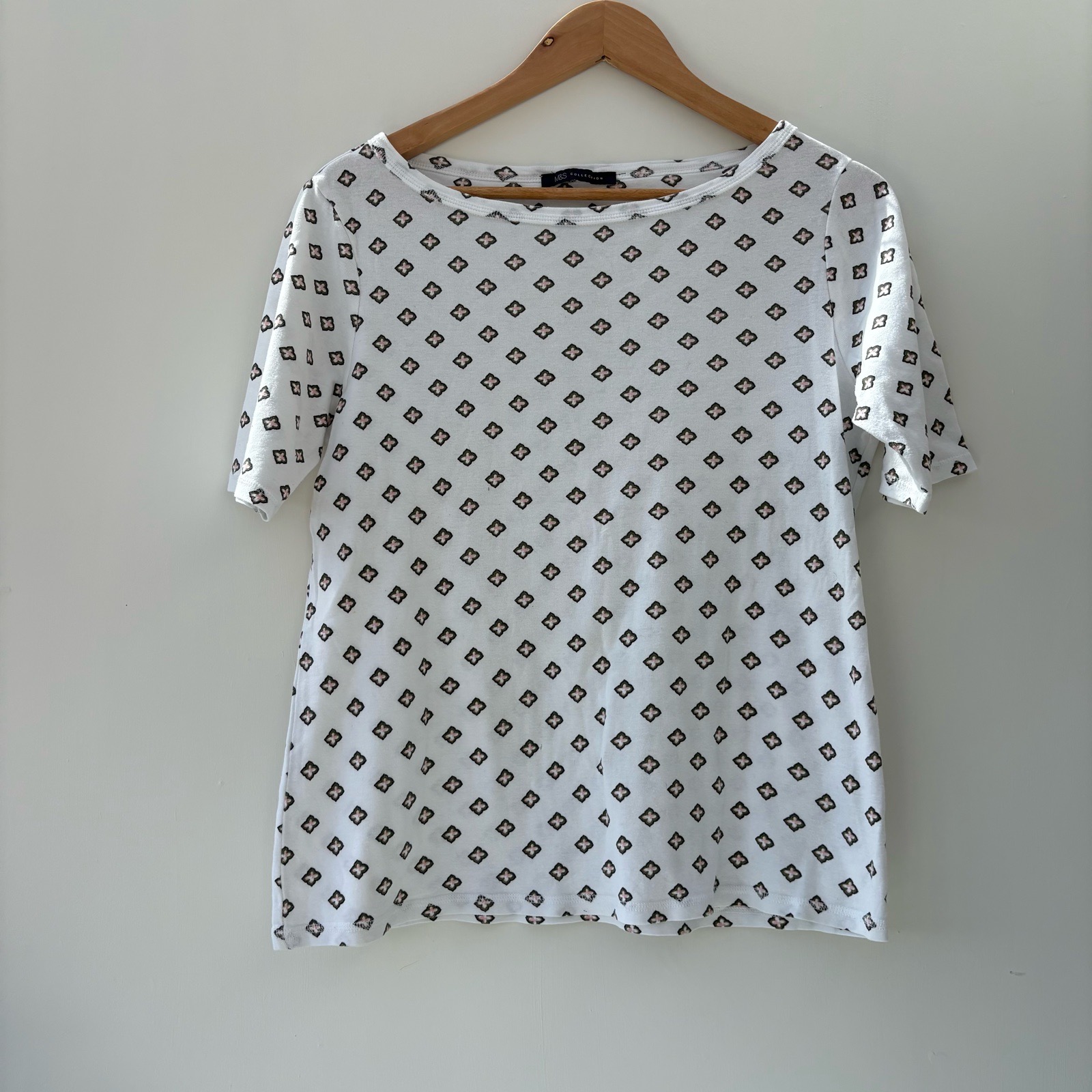 M&S Collection Cotton White Printed Short Sleeve Top t-shirt Size 14 Summer Casual Top geometric