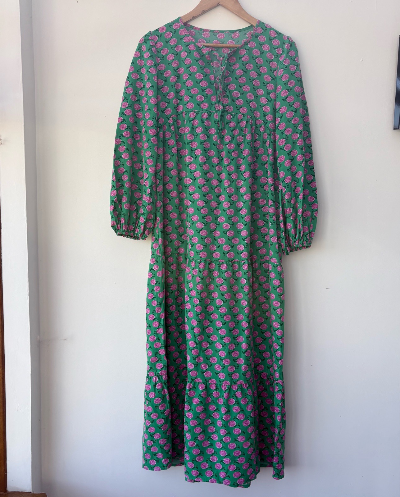 Boho vintage inspired Green Pink Rose Floral Tiered Smock Maxi Dress oversized Long Sleeve 12-14