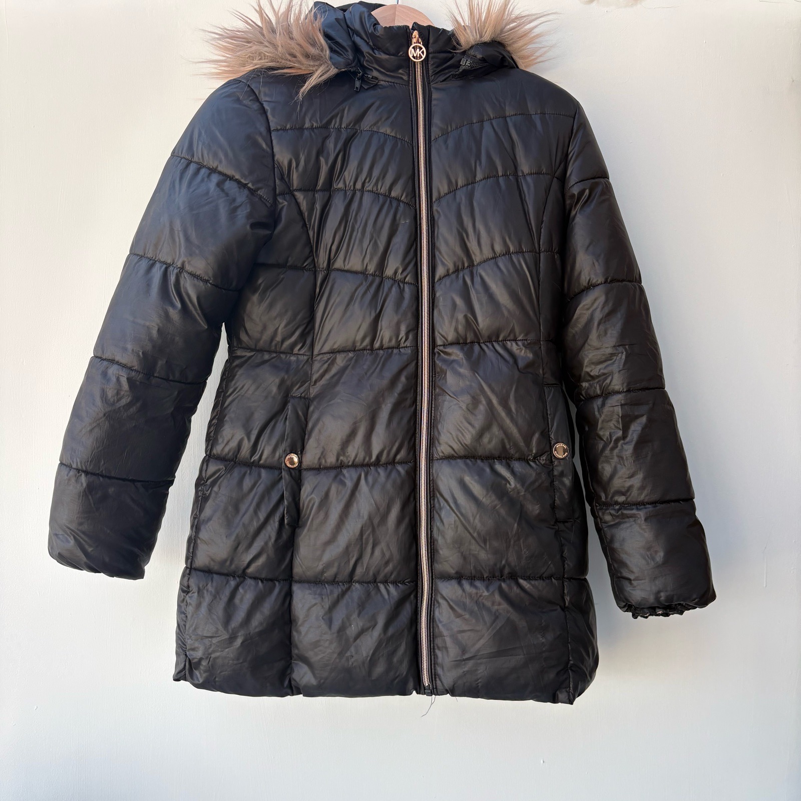 Michael Kors Black Padded Coat Jacket Faux Fur Hood Size 16 detachable hood winter fleece linned