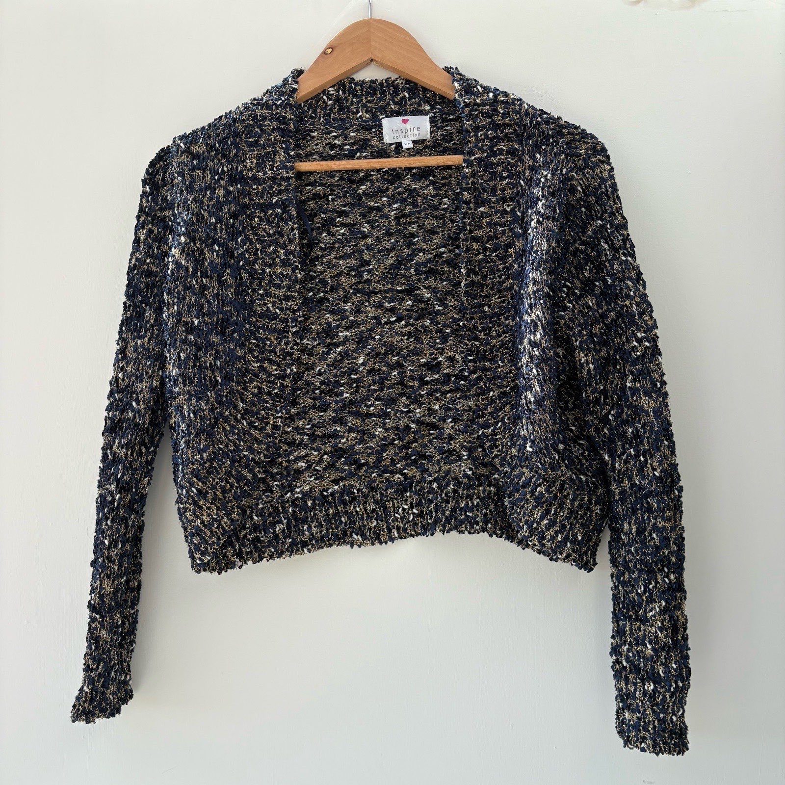 Inspire Collection Navy & Gold Metallic Bouclé knit Cropped textured Shrug Cardigan size 10
