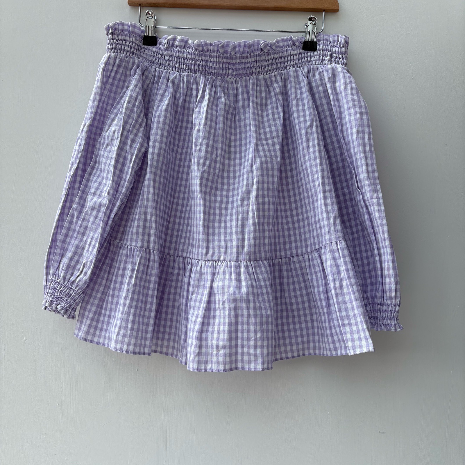 Lilac Gingham pattern boho 100% Cotton Off Shoulder long sleeve UK 14 relaxed fit summer holiday