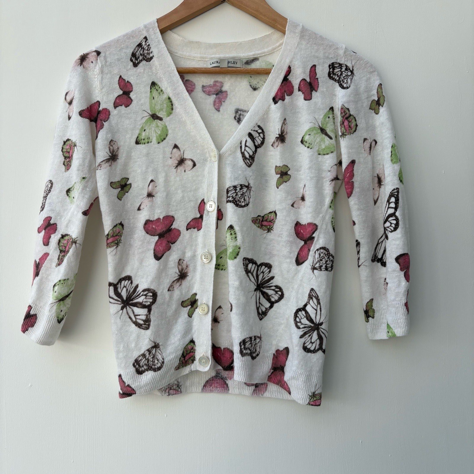 Laura Ashley White Butterfly Print Lightweight V-Neck Cardigan Sweater Size 12