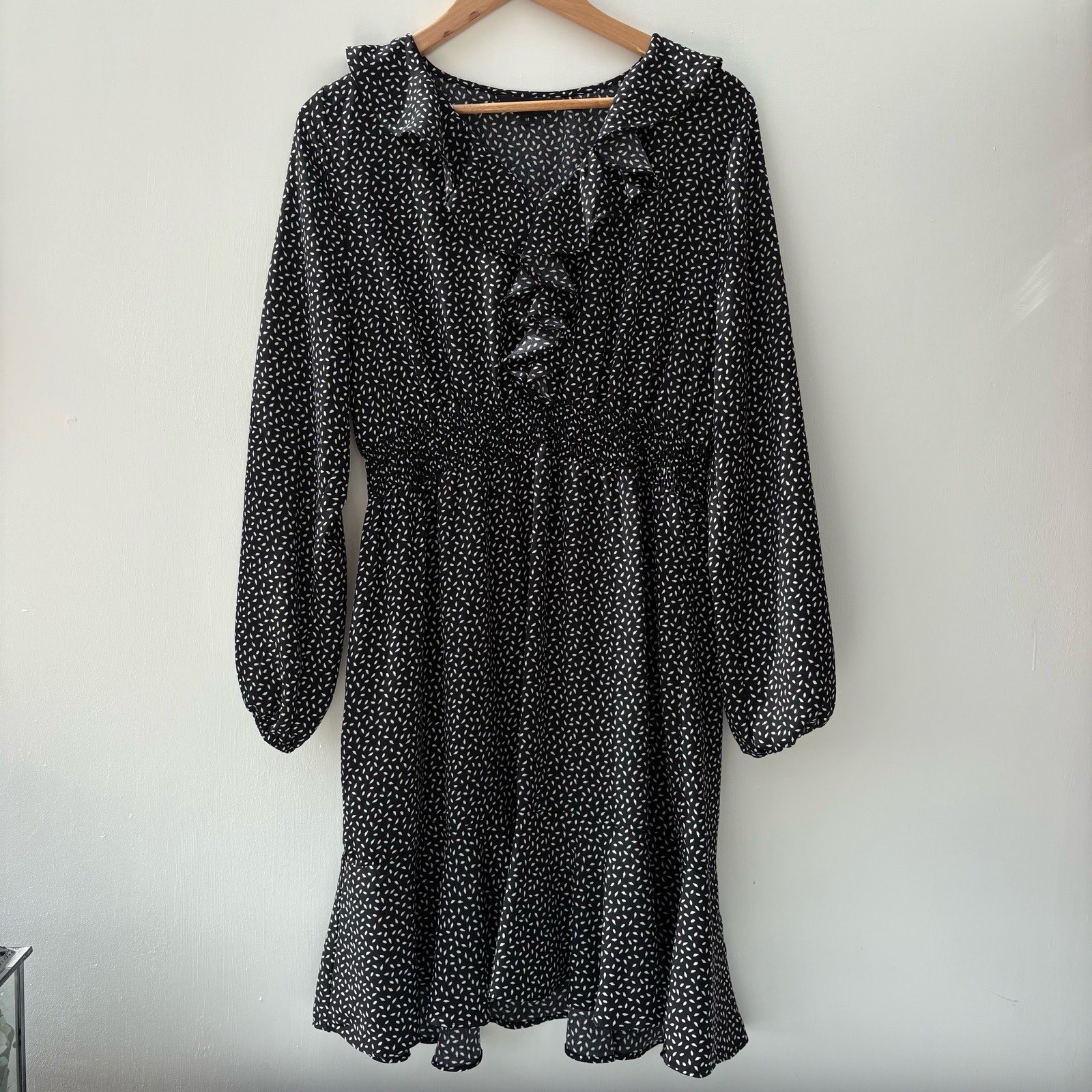 Black & White Spot Print Frill Midi Dress Size 14 Long Sleeve Lightweight Summer flowy lightweight