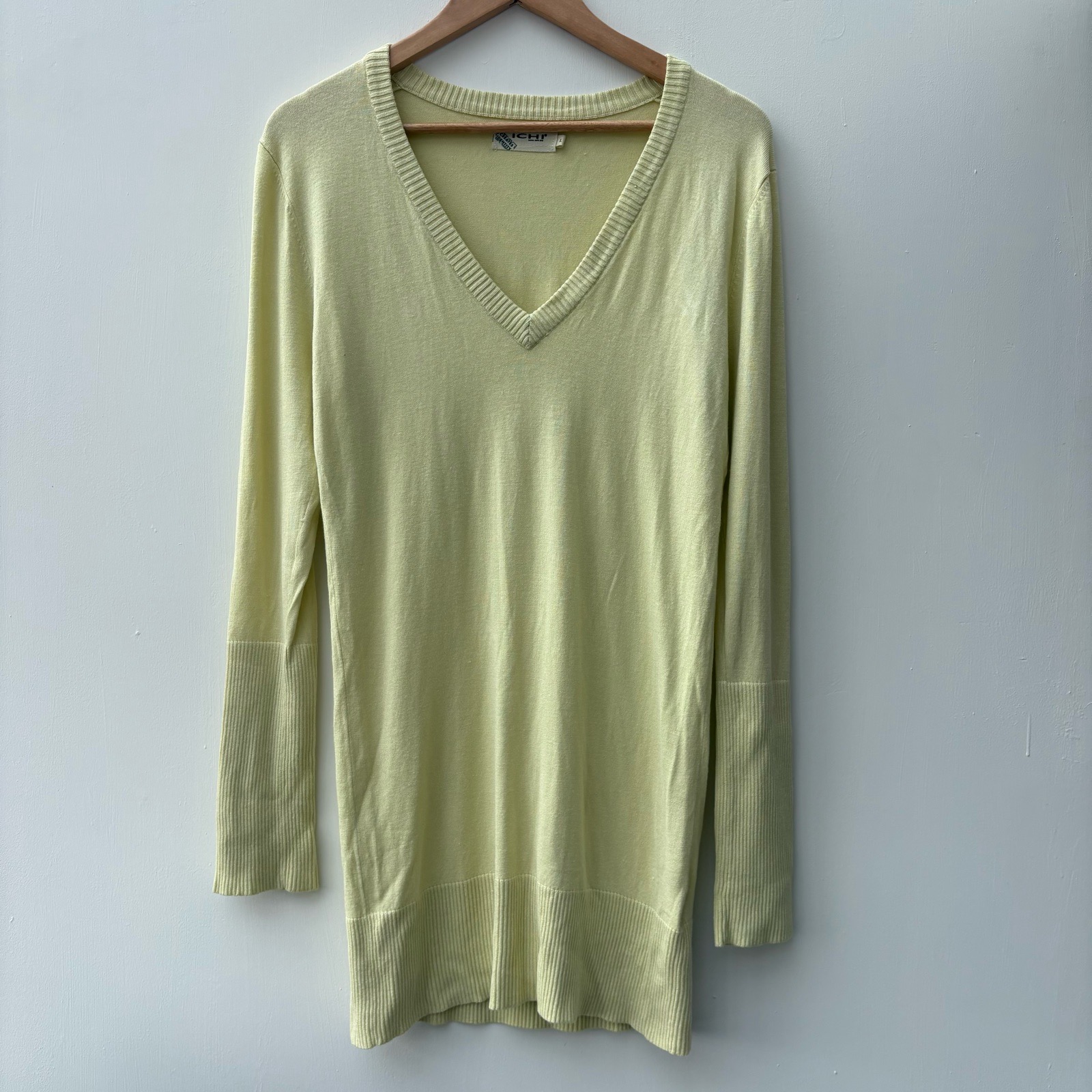 ICHI Pale Yellow V-Neck Fine Knit Jumper Dress/long jumper Size 14 Long Sleeve Ribbed Trim