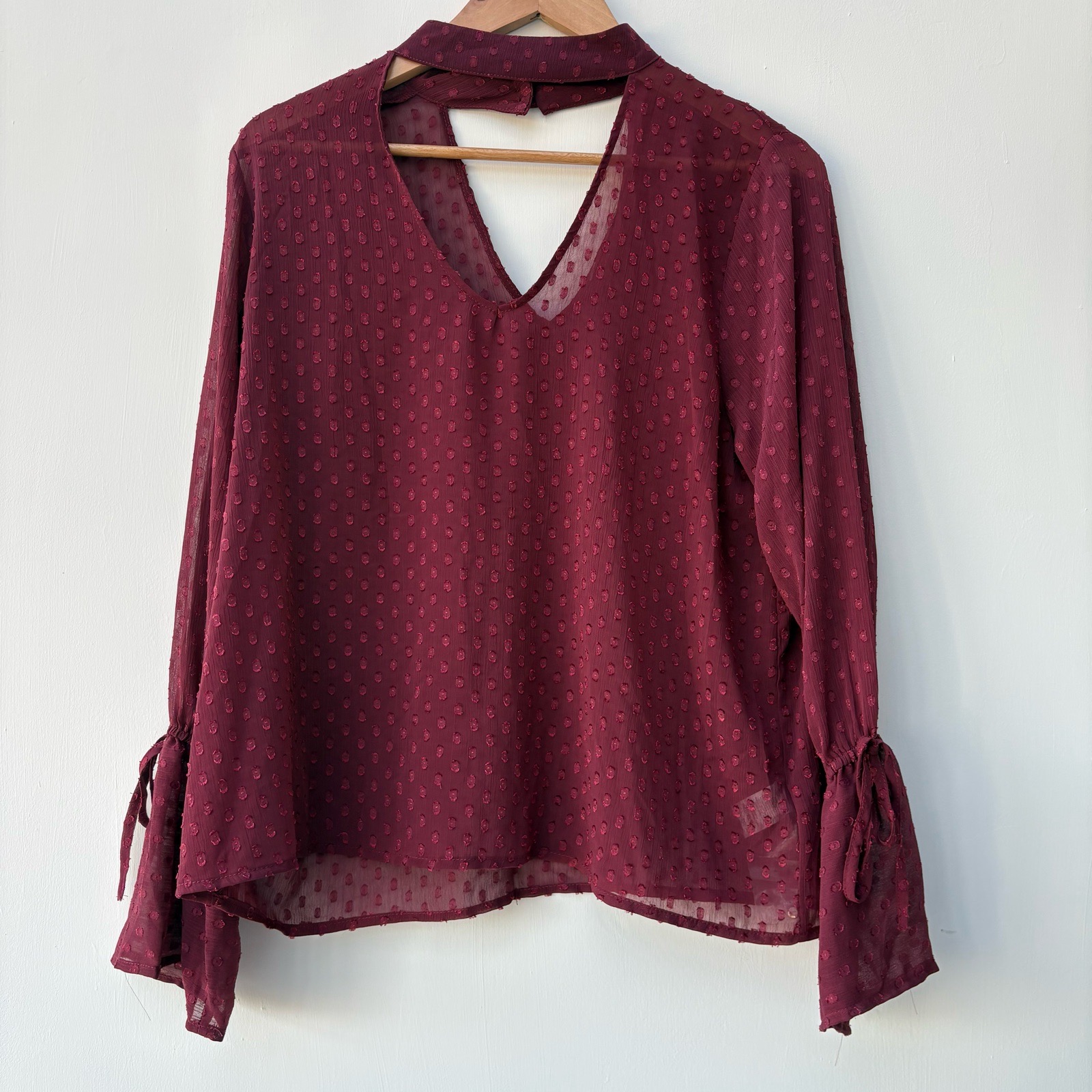 Women's Burgundy boho Mesh Blouse Size 16 Choker Neck Sheer Long Sleeve blouse summer top