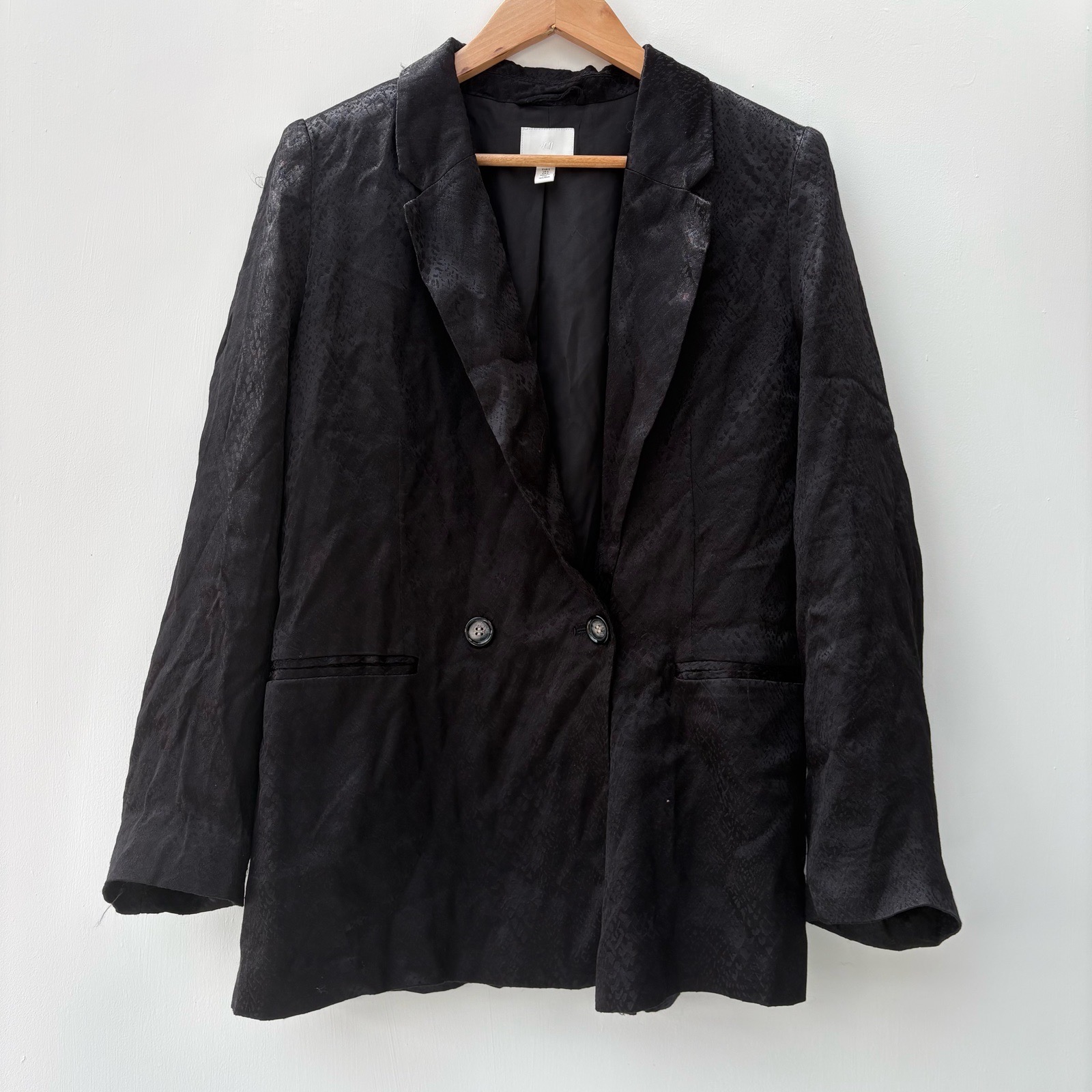 H&M Black oversized vintage style Jacquard Double-Breasted Blazer – UK 10 lightweight silky feel