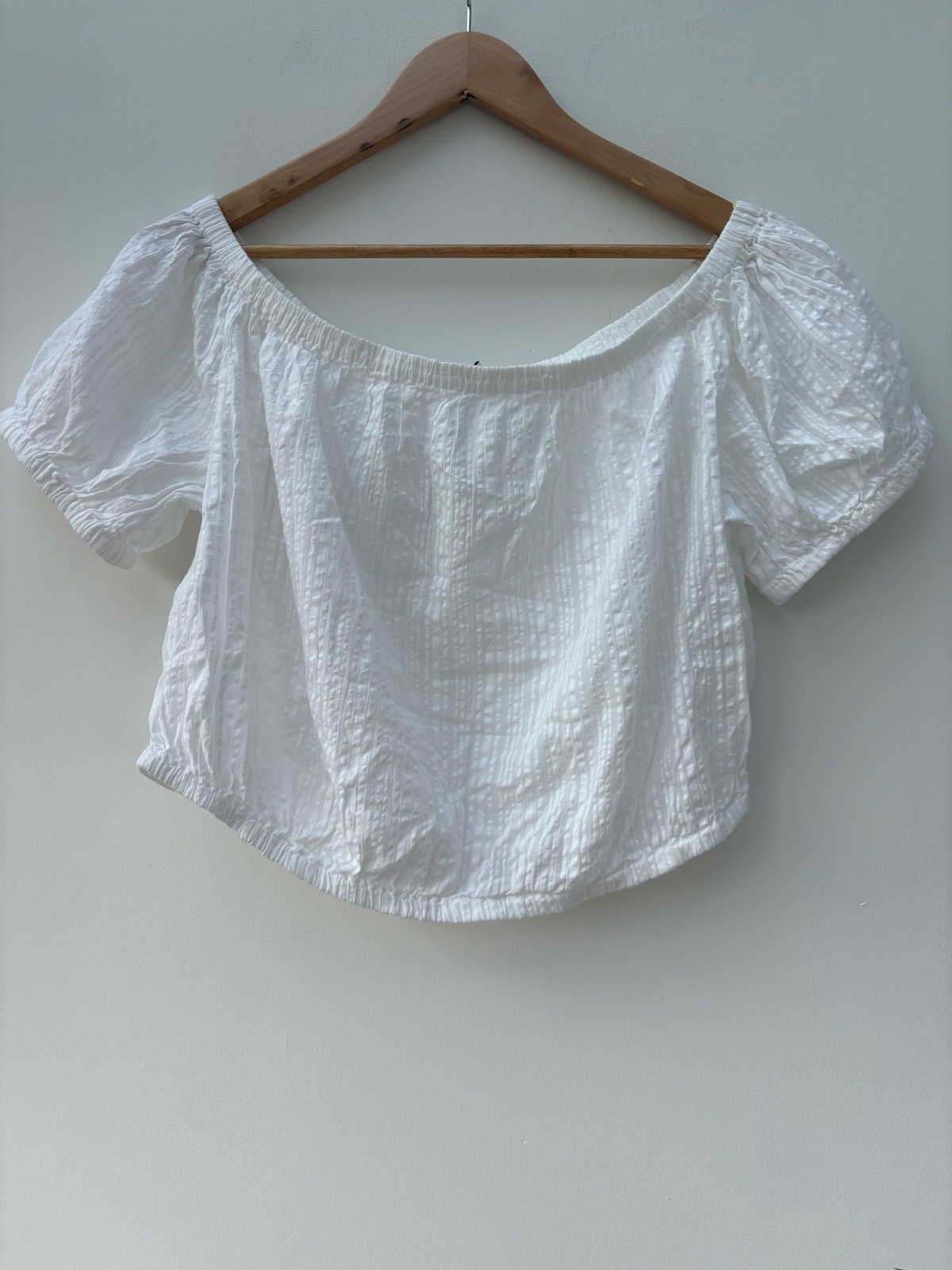 White boho Bardot Cotton Puff Sleeve Textured Crop Top UK 16 Off Shoulder Summer