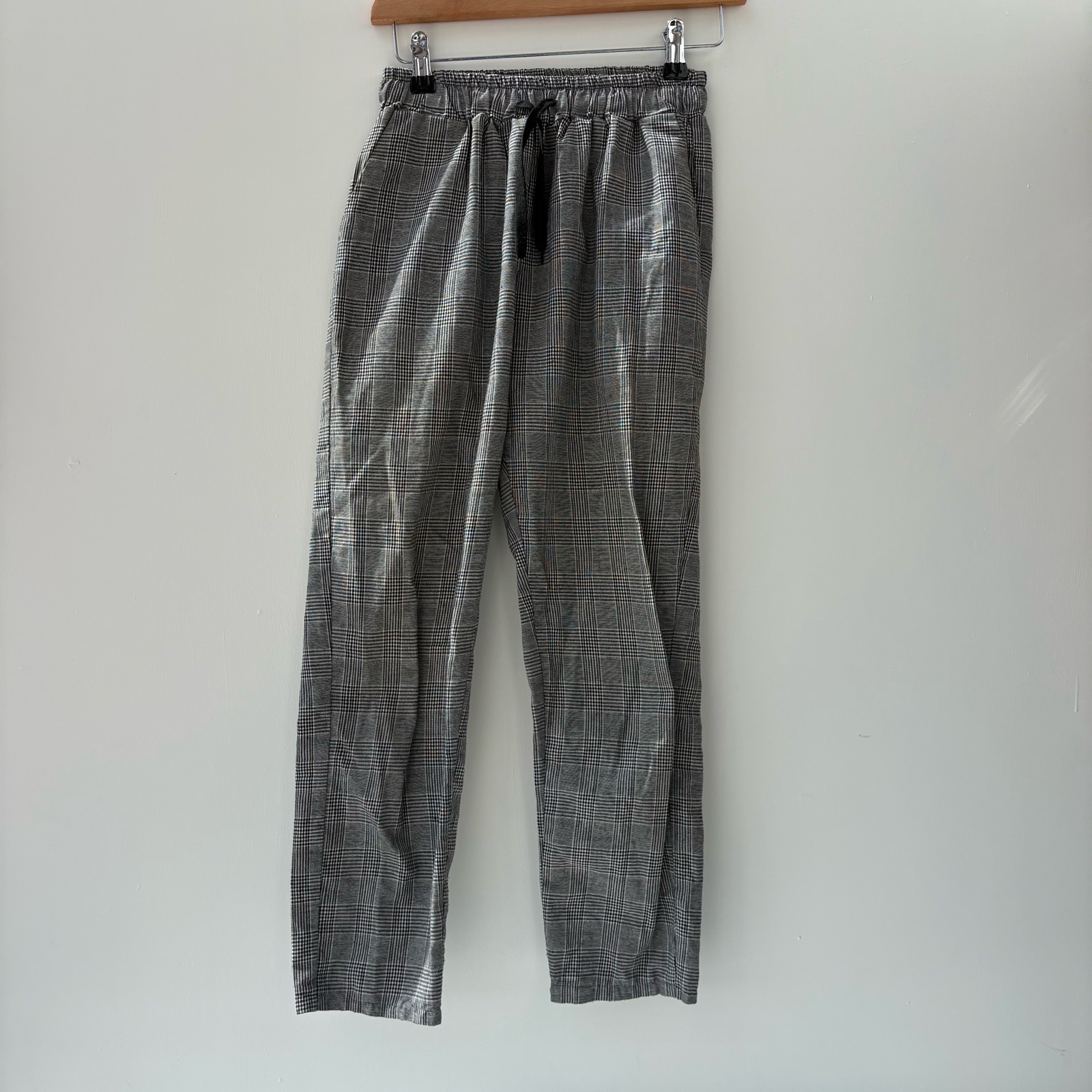 Size 8 Grey Black Checked Wide Leg Pants leggings Drawstring Elastic Waist Trousers Smart