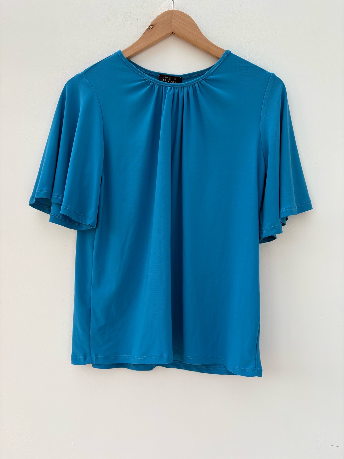 Et Vous Teal Flutter Sleeve Top UK 10 Elegant Round Neck Blouse Stretchy Summer holiday