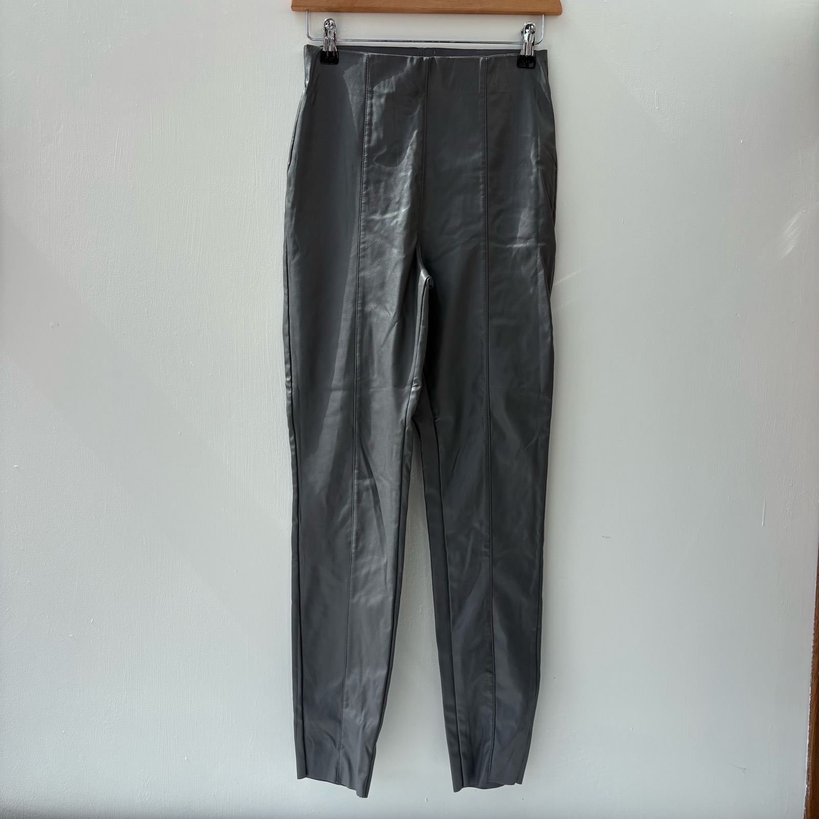 H&M Size 8 Grey Faux Leather Leggings High Waist Panel Detail Pants Trousers skinny fitted