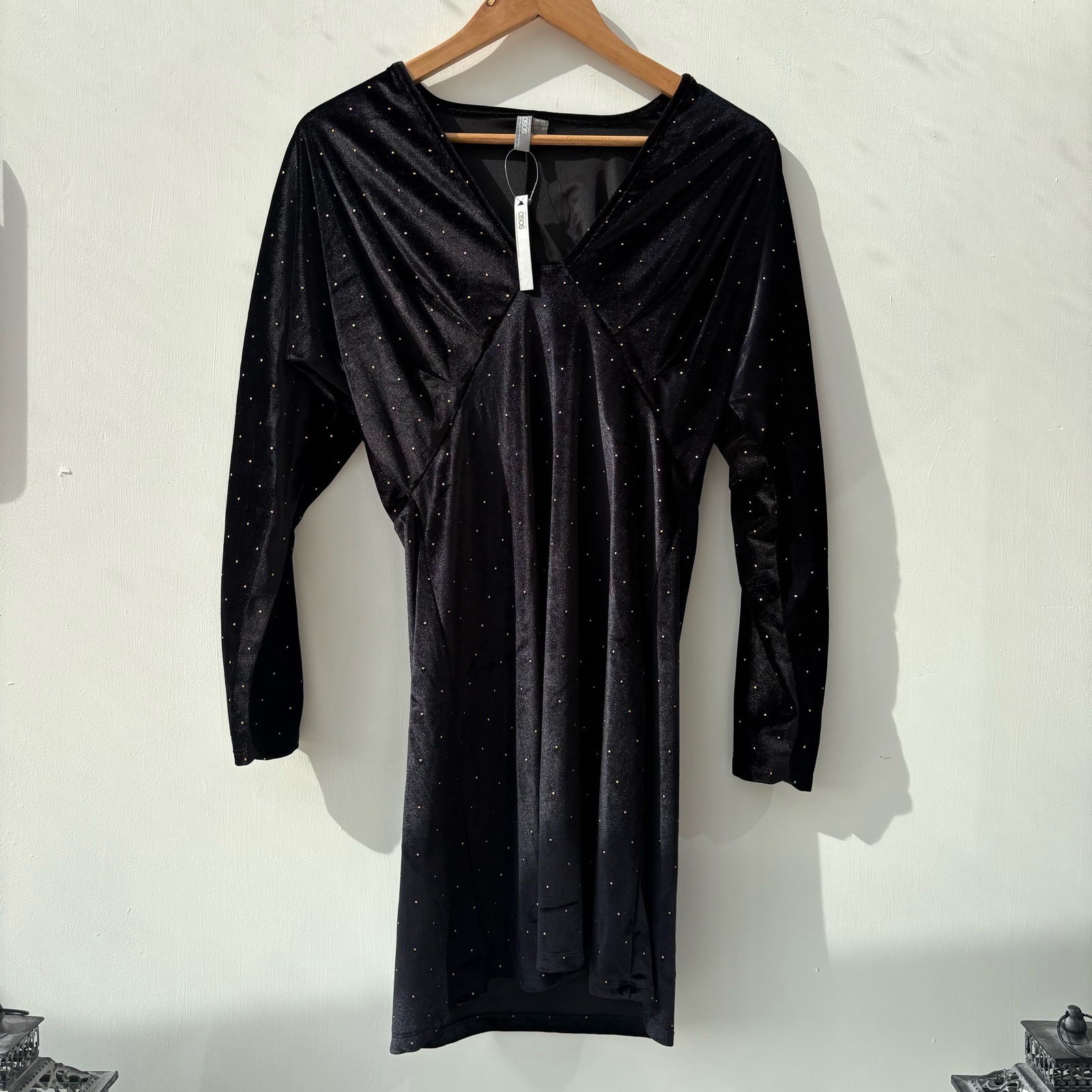 ASOS Black Velvet V Neck Glitter stud boho Mini Dress UK 10 Long Sleeve Party Dress BNWT