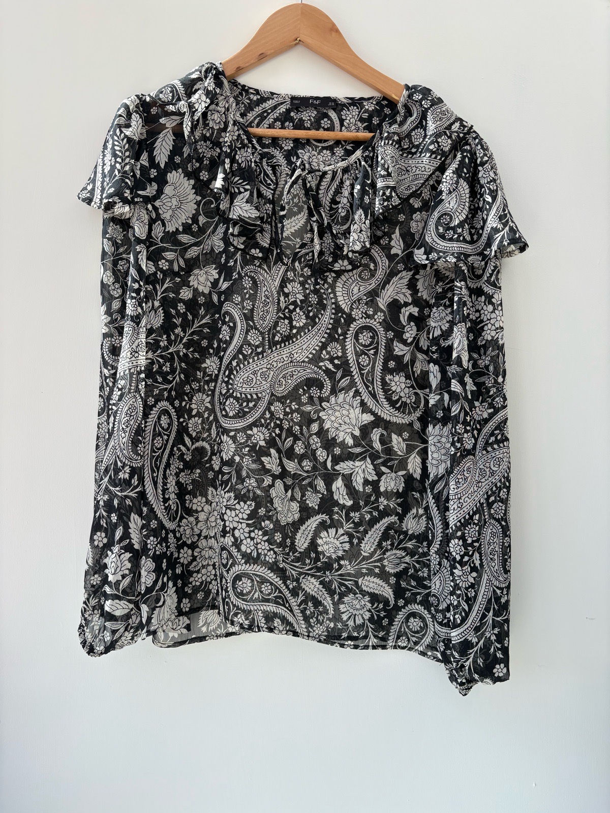 F&F Black & white Floral Paisley sheer Blouse size 14 lightweight summer frills long sleeve top