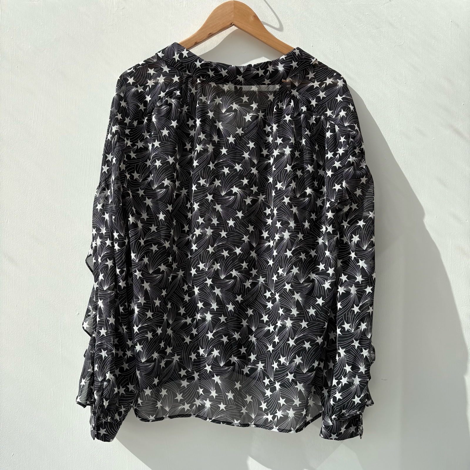Topshop Tall size 12 sheer summer Black and white Star Print Ruffle long sleeve Blouse top