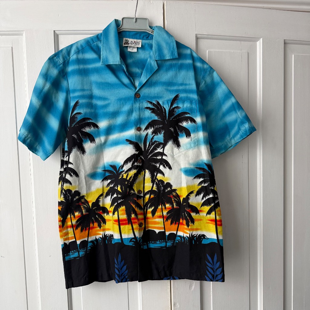 Vintage Aloha Republic Hawaiian Shirt Made In Hawaii USA Palm Tree Sunset Cotton Size S