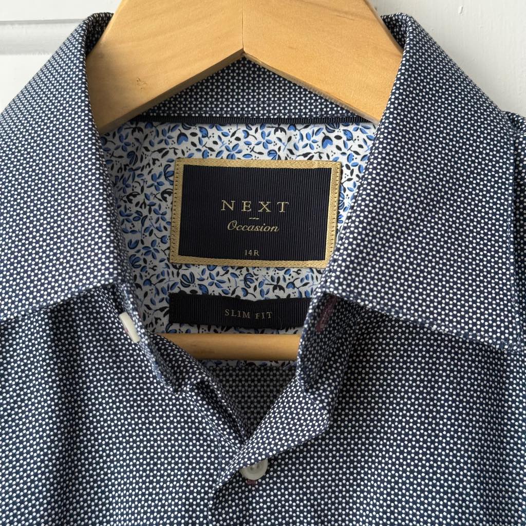 NEXT Men’s Slim Fit Shirt – Navy Micro Dot Pattern – 14R Collar – 100% Cotton