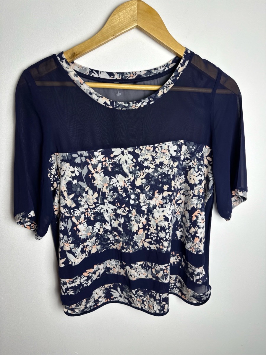 Next Women’s Floral Sheer Blouse UK 12 Navy Blue Short Sleeve Chiffon Top
