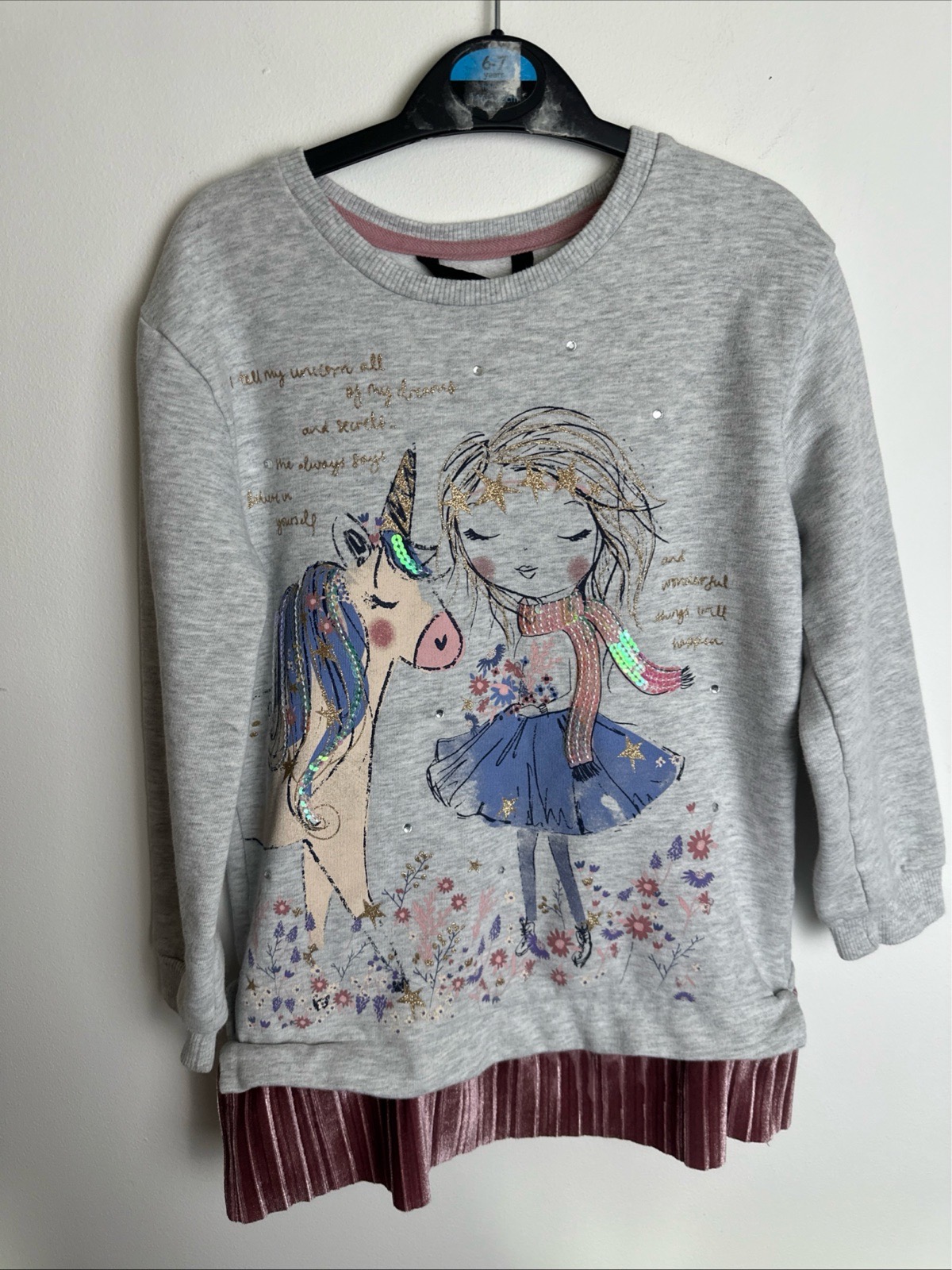 George Girls Unicorn Sweatshirt Jumper 4-5 Years Sequin Pleated Hem Grey Pink