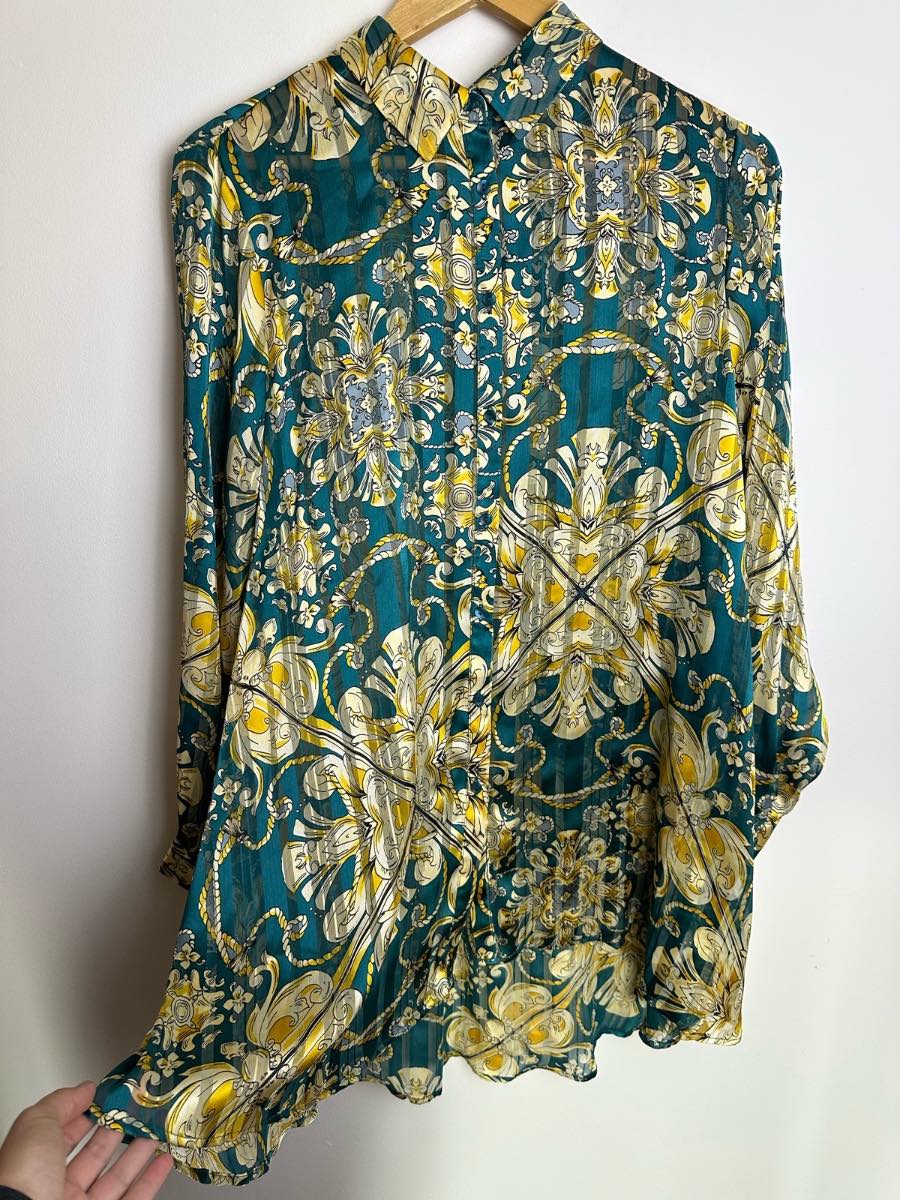 Soon Women’s Teal Baroque Print Shirt Blouse UK 16 Long Sleeve Button Front Top
