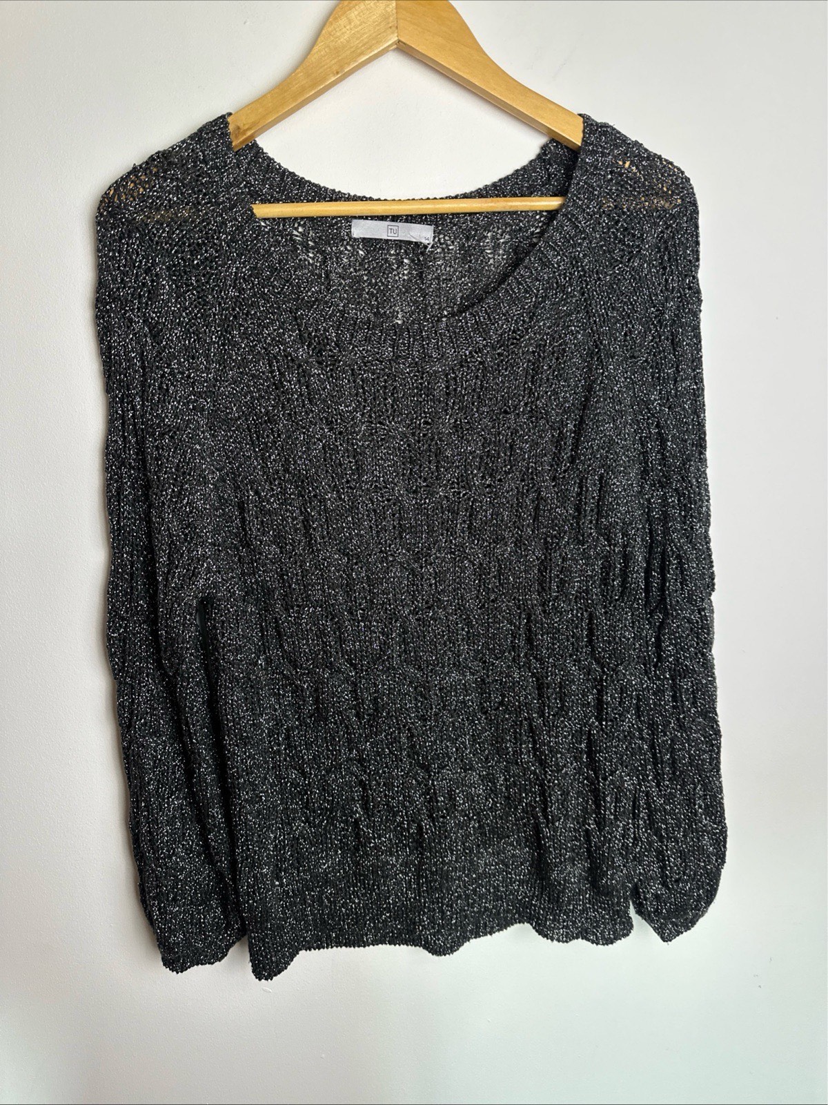 TU Women’s Metallic Silver Black Cable Knit Jumper Size UK 14