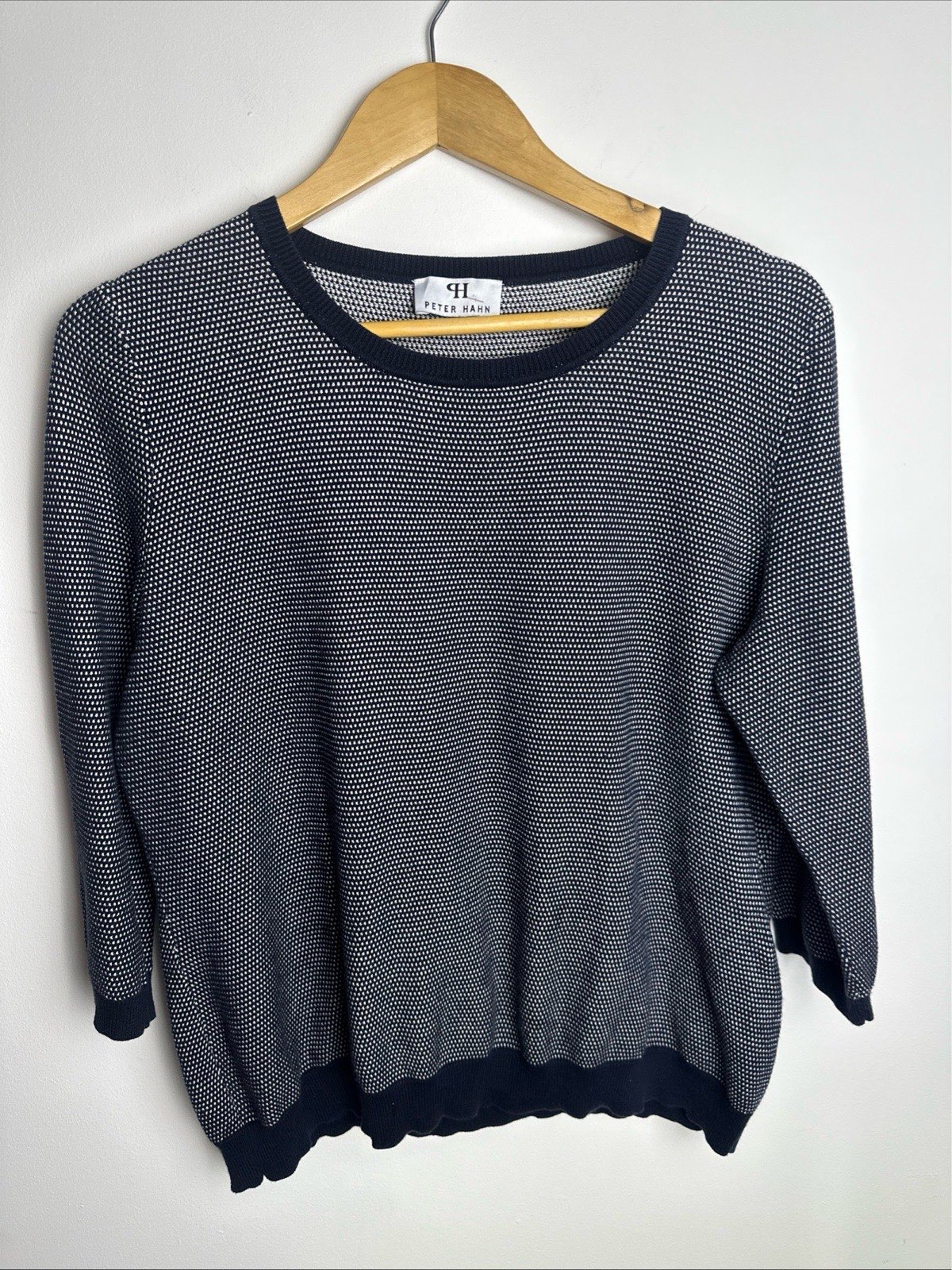 Peter Hahn Womens Navy White Supima Cotton Jumper Size UK 20 3/4 Sleeve