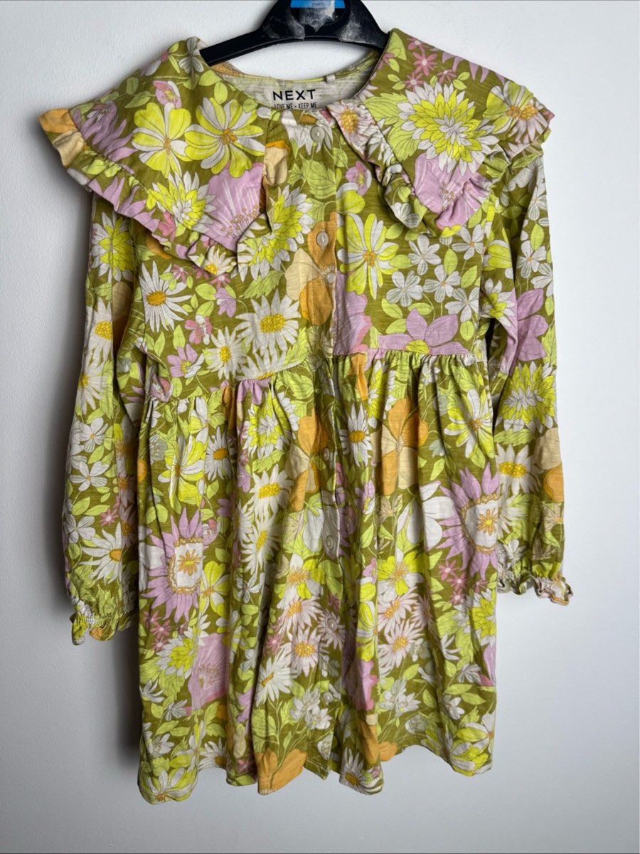 Next Girls Floral Cotton Dress Green Pink Long Sleeve Peter Pan Collar Age 5-6 Years