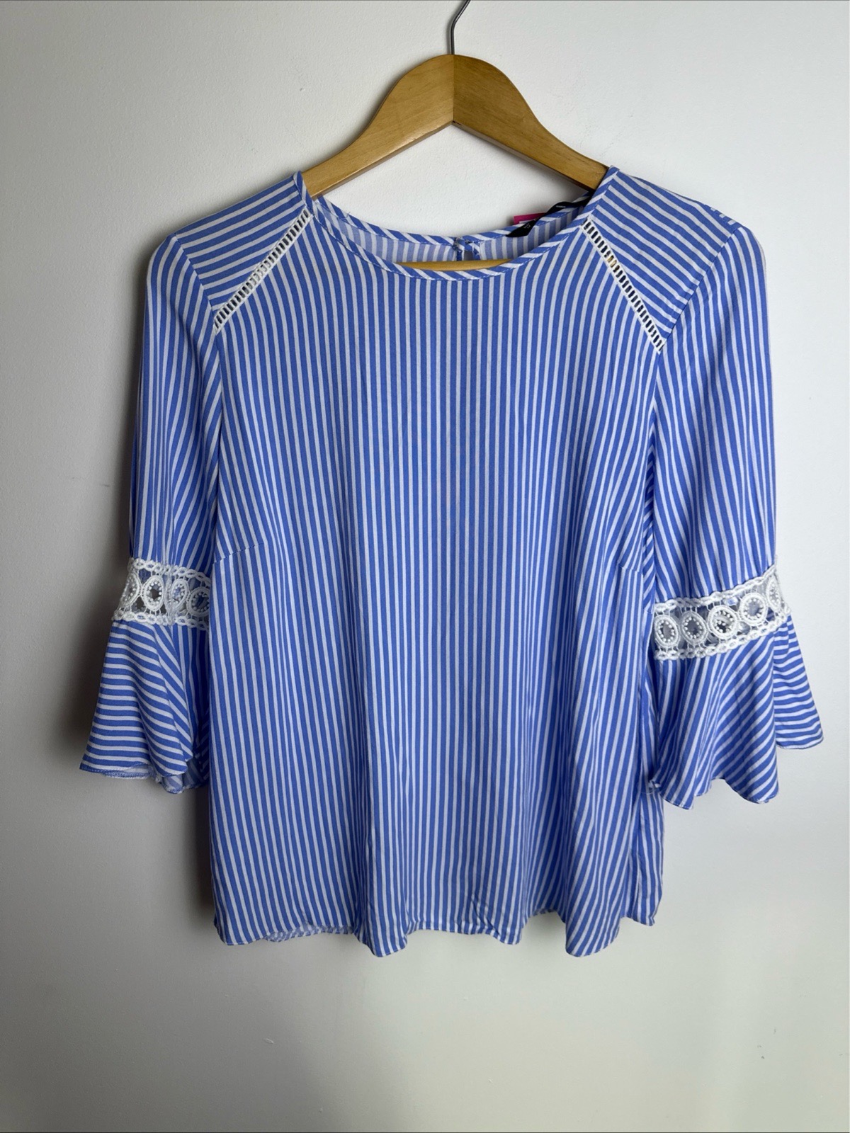 Dunnes Stores Womens Striped Blouse Size 12 Blue White Cotton Lace Bell Sleeve