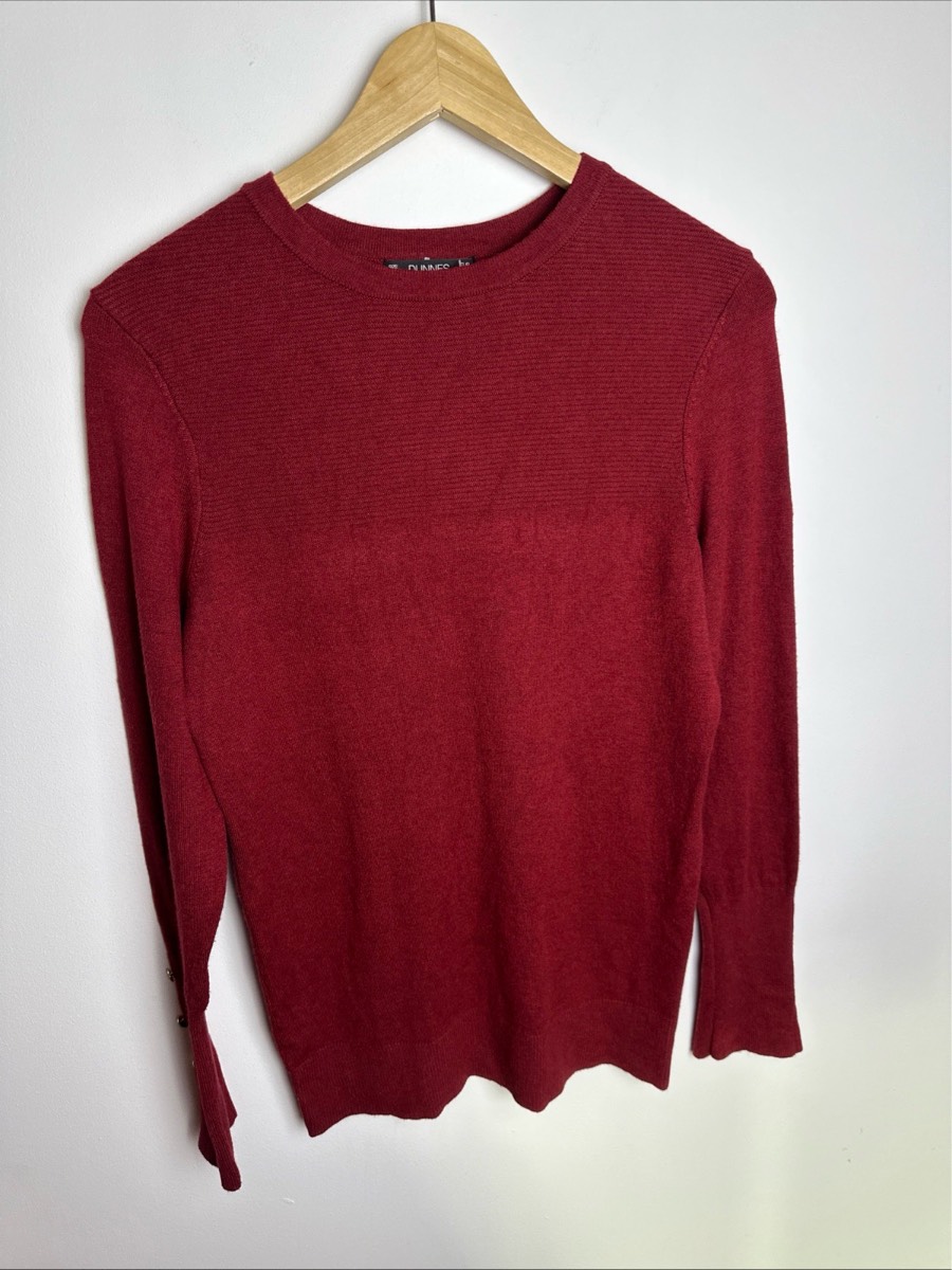 Dunnes Burgundy Fine Knit Jumper Small Gold Button Cuff Viscose Blend