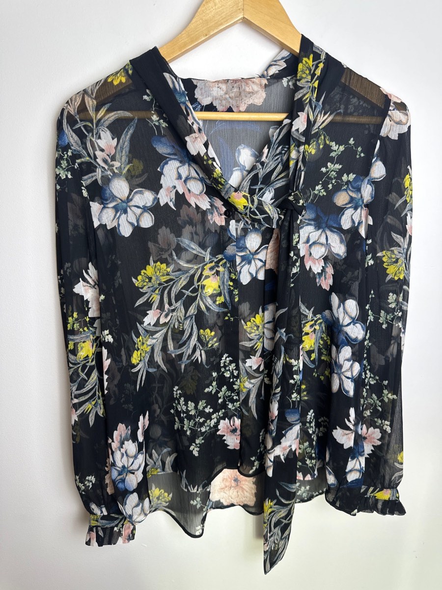 🌸 M&S Floral Tie Neck Chiffon Blouse UK 16 🌸