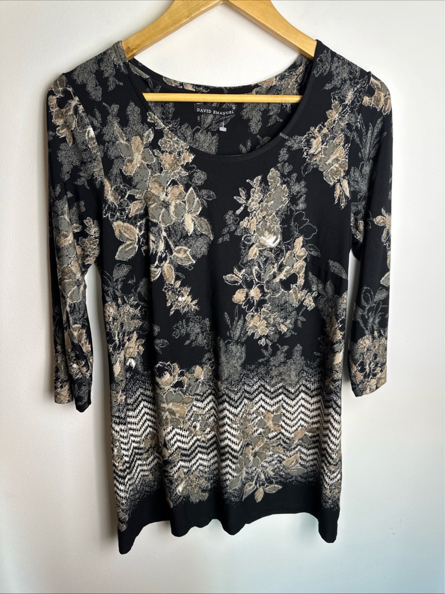 David Emanuel Women’s Floral Tunic Dress UK 10 Black Beige 3/4 Sleeve Stretch Casual