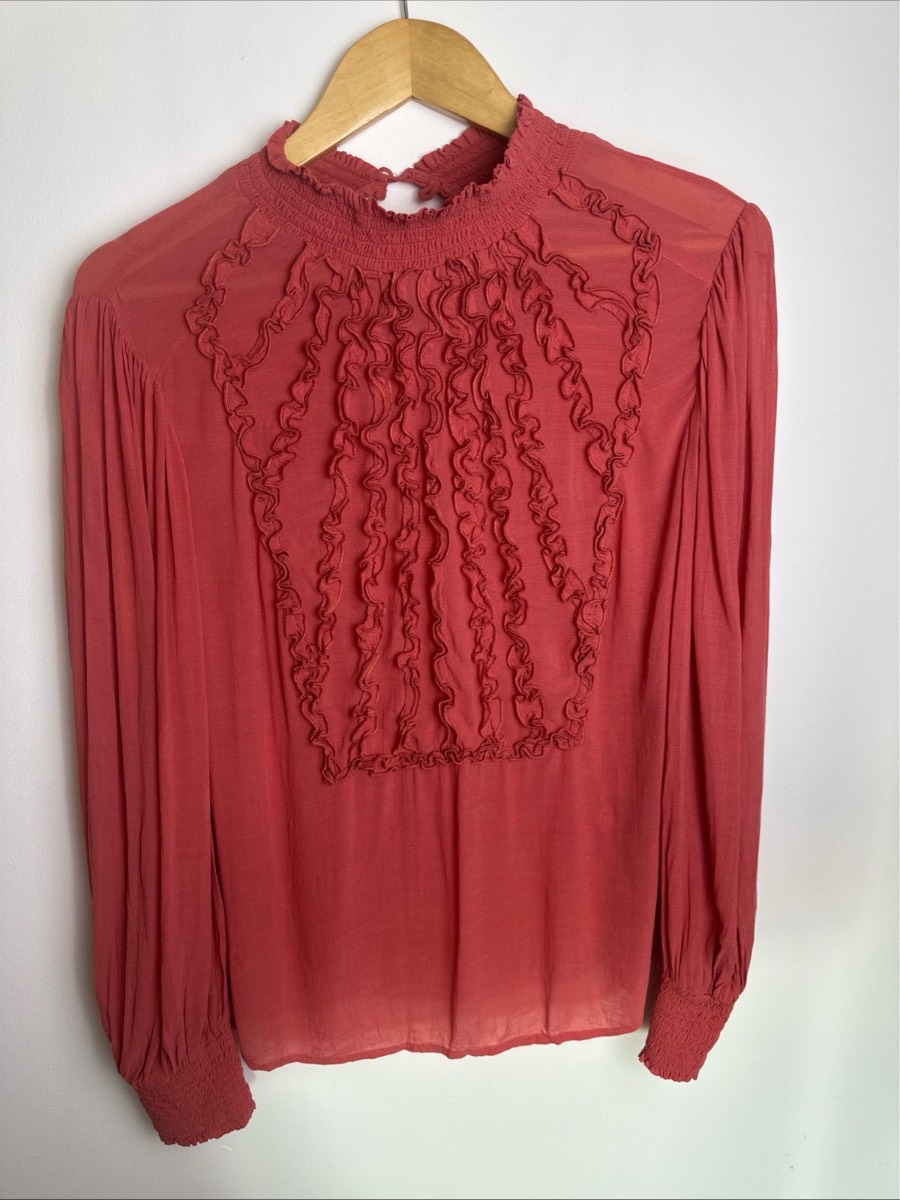 Monsoon Coral Ruffle Blouse UK 14 Long Sleeve High Neck Boho Top