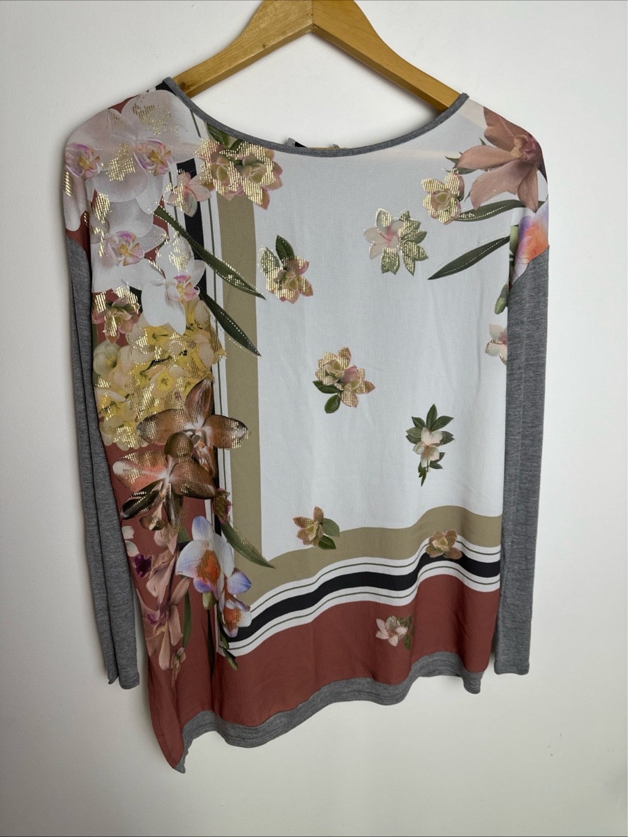 M&S Per Una Floral Long Sleeve Top Gold Foil Print Grey Mix UK 12
