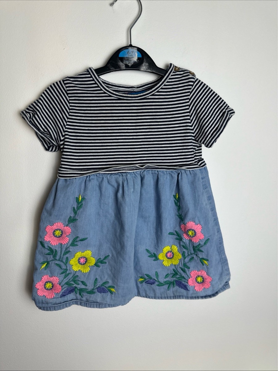 F&F Baby Girls Floral Embroidered Chambray Stripe Dress 12-18 Months 86cm