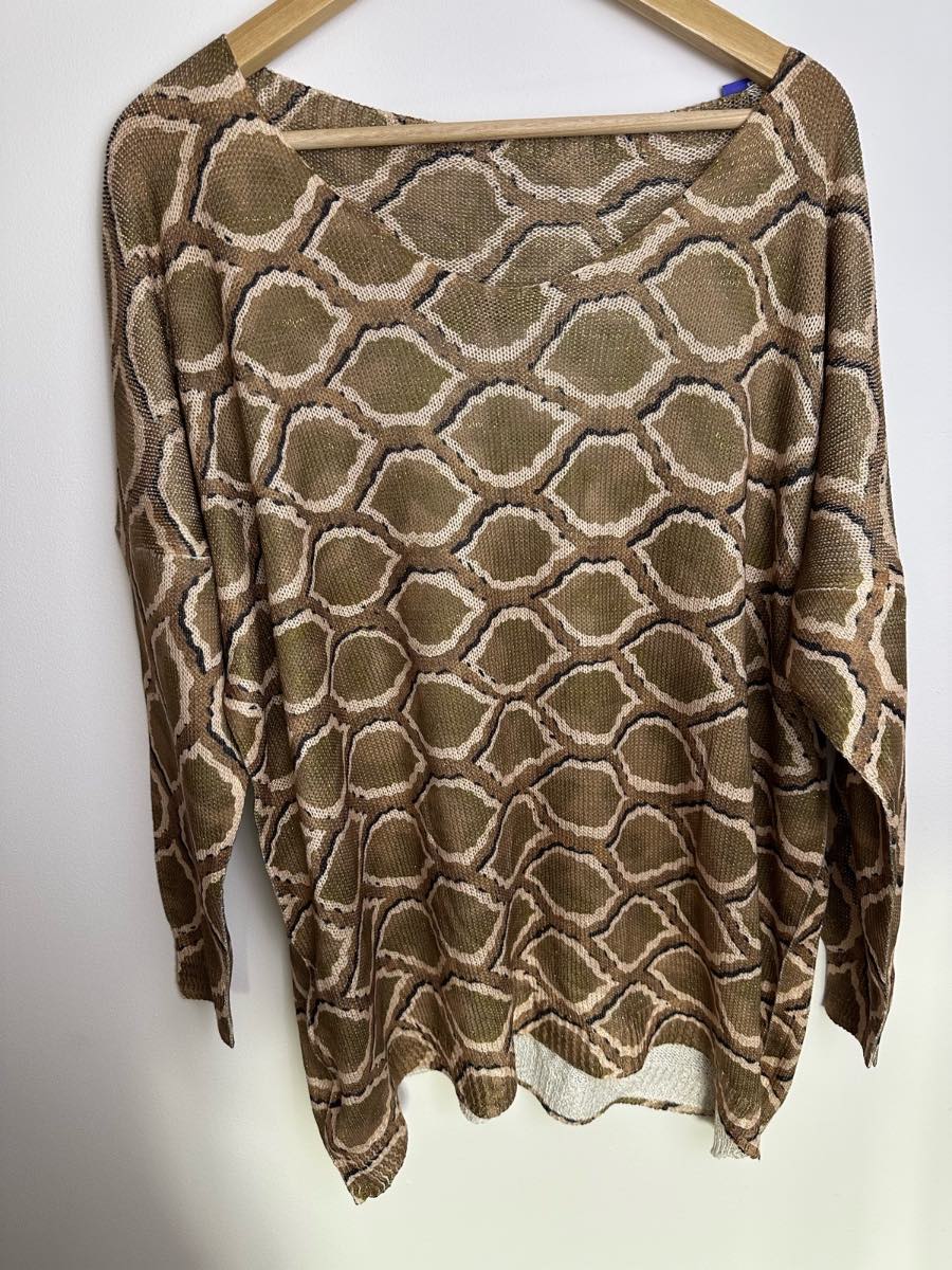 Made in Italy Animal Print Knit Jumper One Size Brown Beige Batwing Oversized